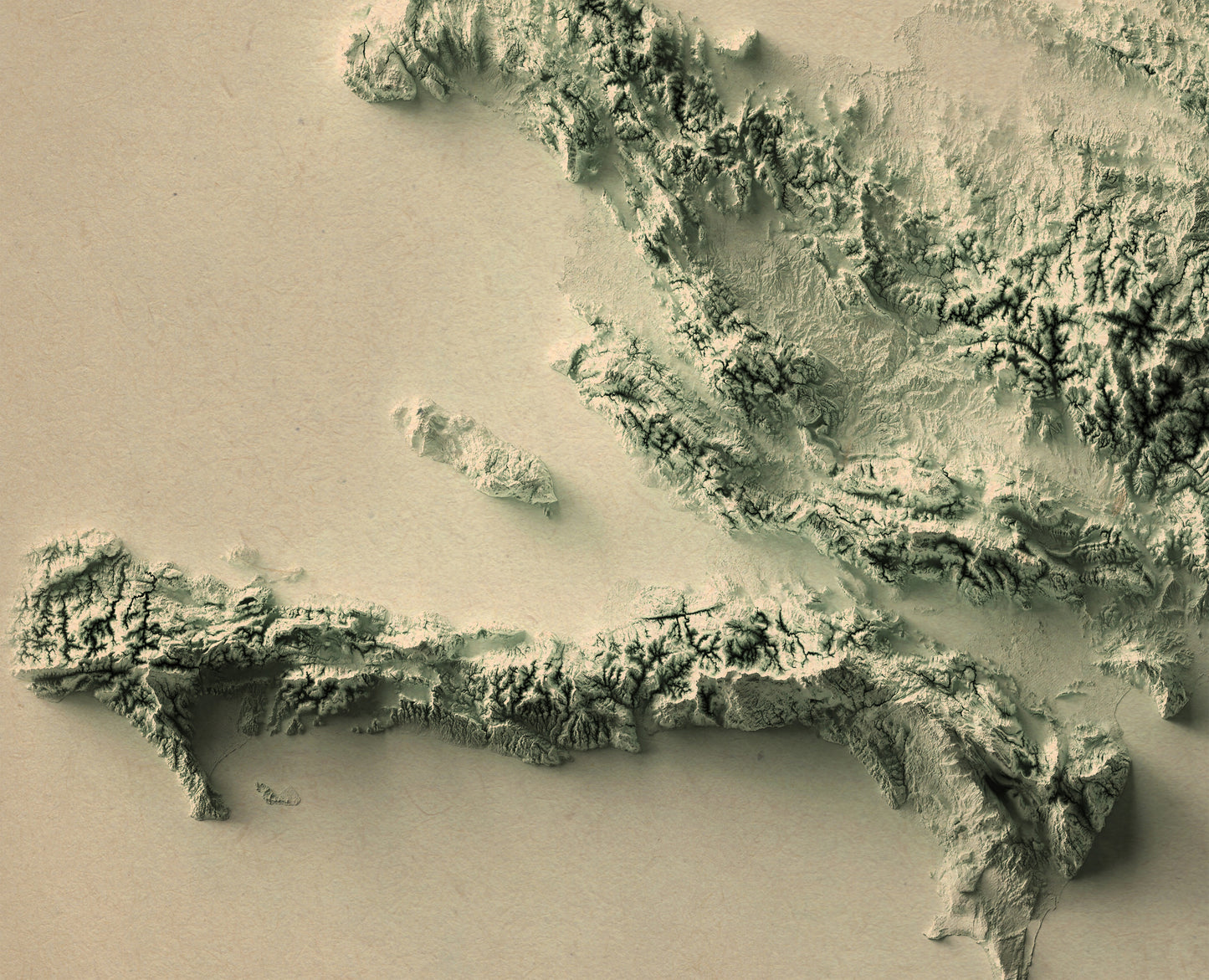 Detailed close-up of a Hispaniola Island (Haiti & Dominican Republic) relief map, showcasing textured topography and geographic contours