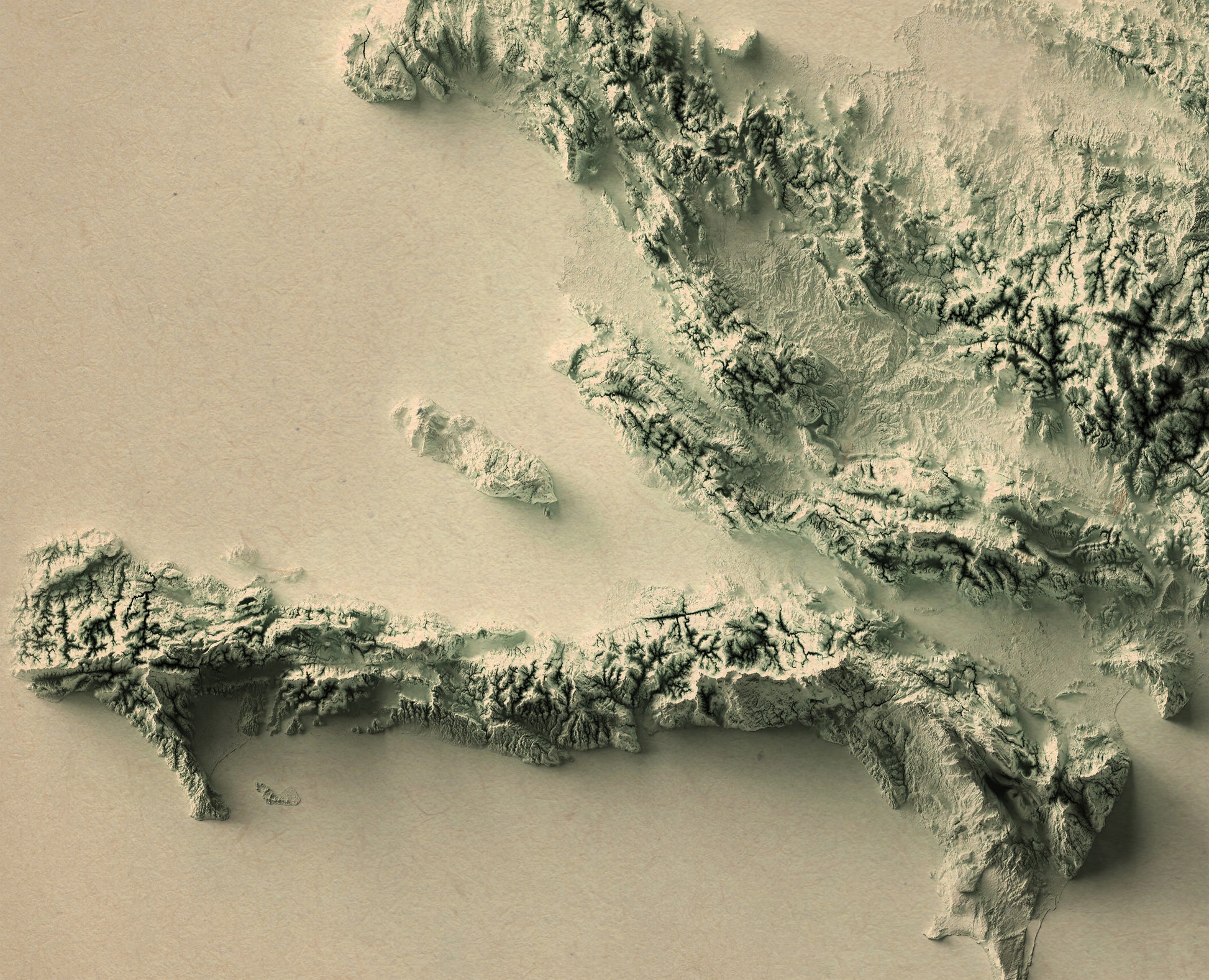 Detailed close-up of a Hispaniola Island (Haiti & Dominican Republic) relief map, showcasing textured topography and geographic contours