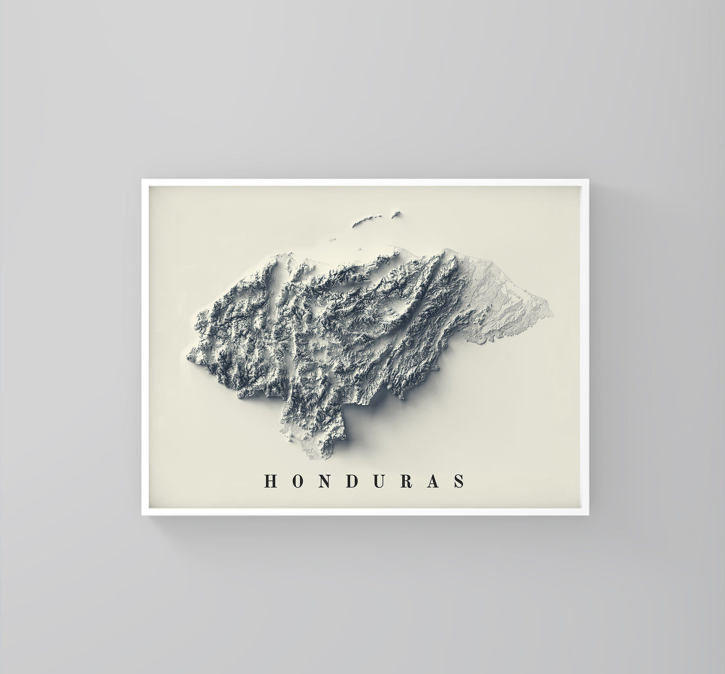 Honduras vintage framed shaded relief map in white frame. Artistic print highlighting mountains with a realistic 3d effect