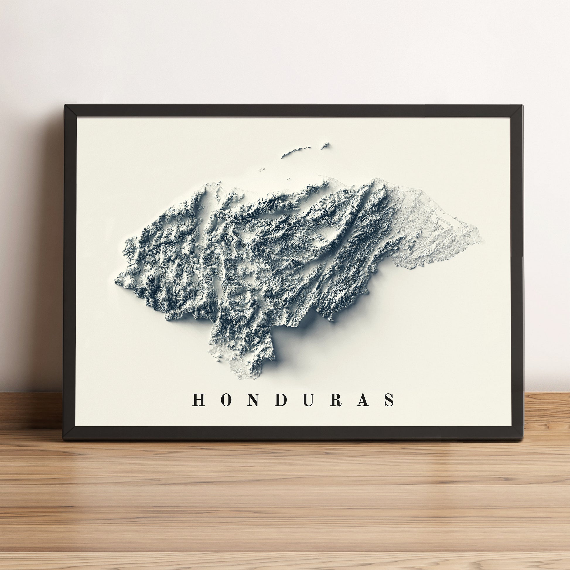 Honduras framed shaded relief map in black frame. Artistic print highlighting mountains with a realistic terrain effect
