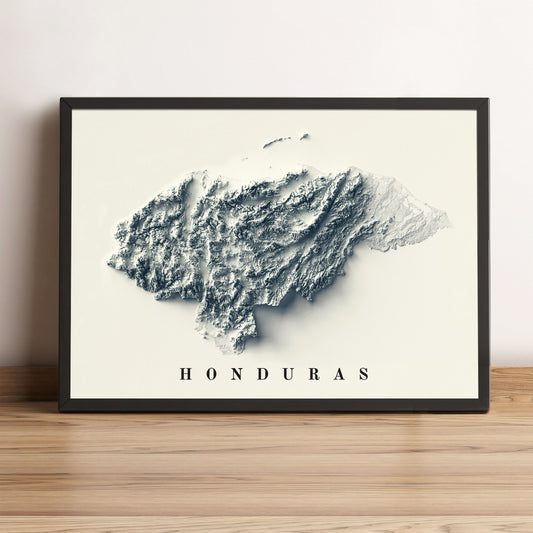Honduras framed shaded relief map in black frame. Artistic print highlighting mountains with a realistic terrain effect