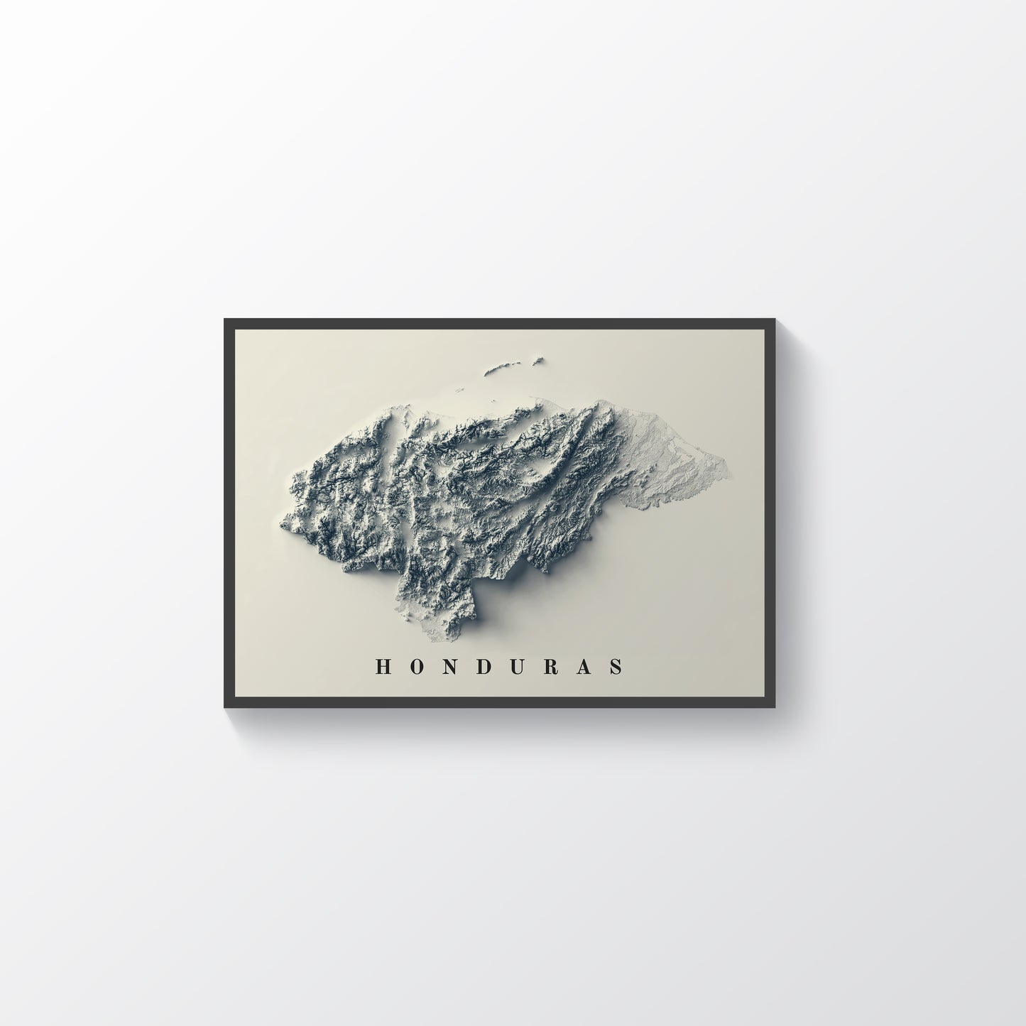 Honduras framed shaded relief map in black frame. Artistic print highlighting mountains with a realistic terrain effect