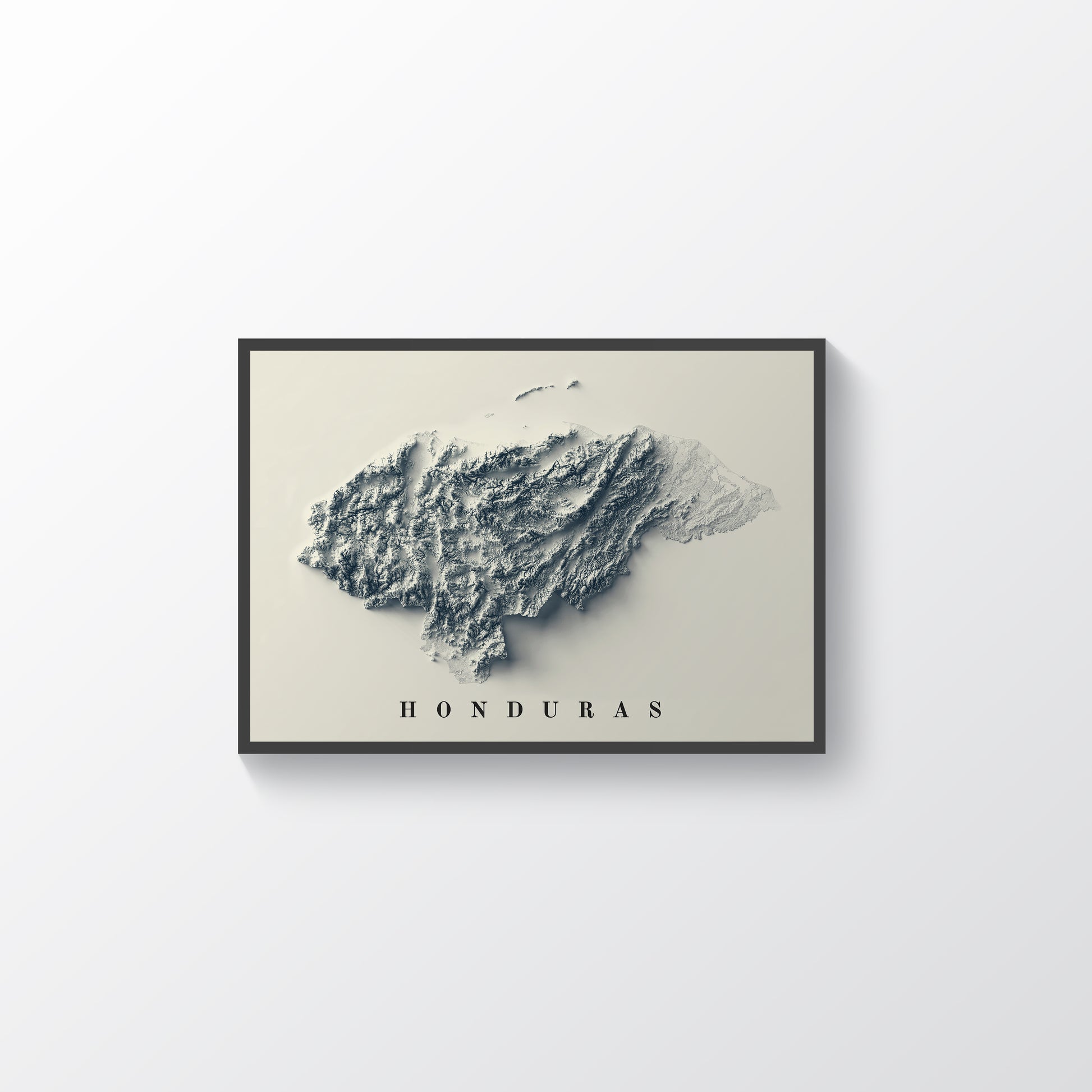 Honduras framed shaded relief map in black frame. Artistic print highlighting mountains with a realistic terrain effect