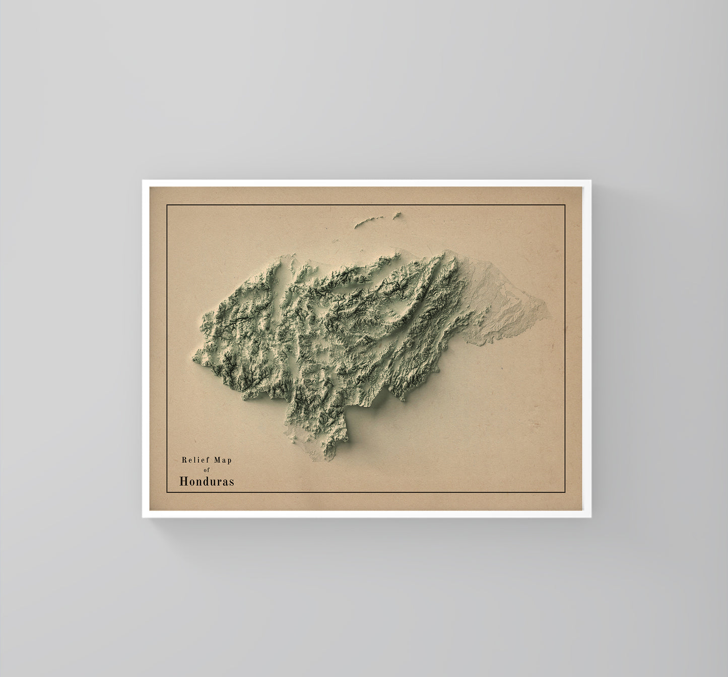 Honduras vintage framed shaded relief map in white frame. Artistic print highlighting mountains with a realistic 3d effect