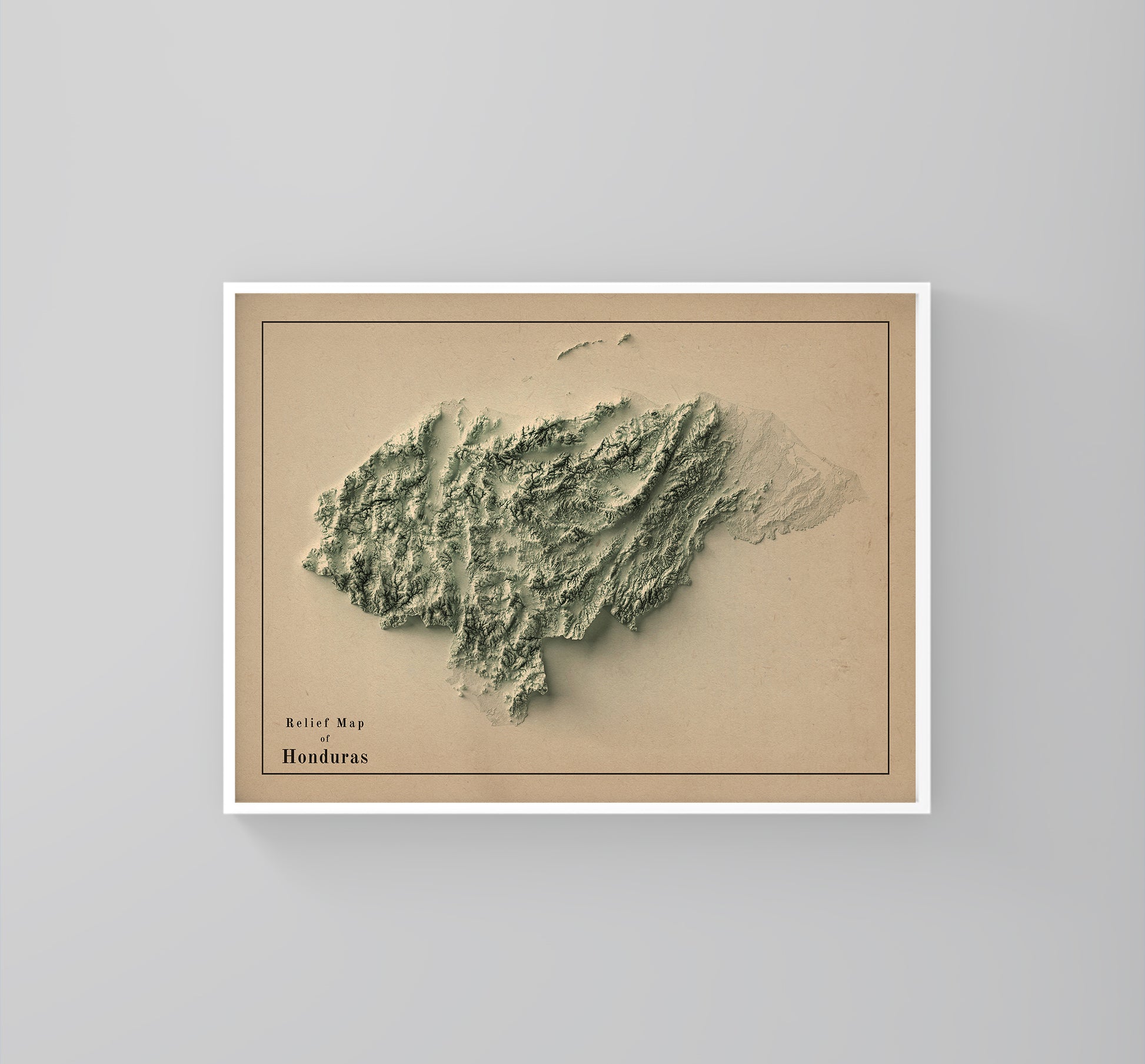 Honduras vintage framed shaded relief map in white frame. Artistic print highlighting mountains with a realistic 3d effect