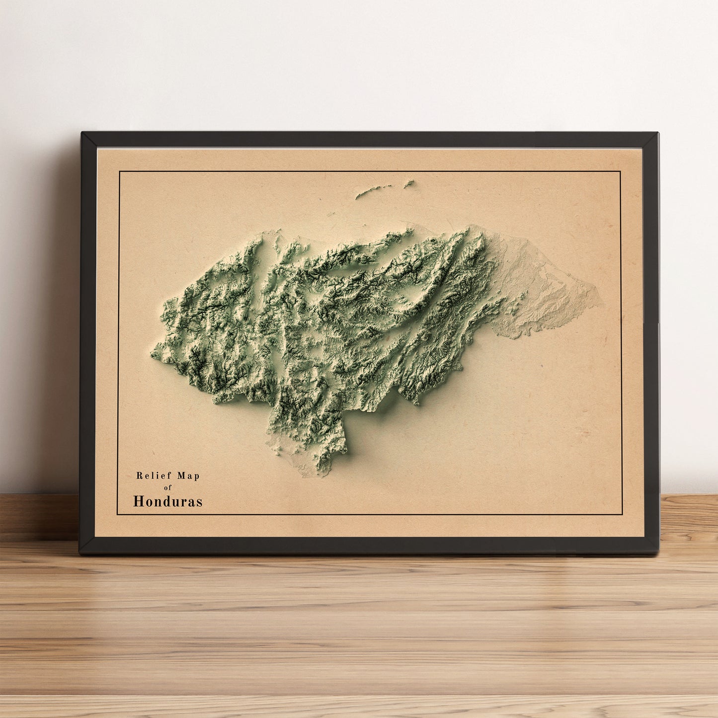 Honduras vintage framed shaded relief map in black frame. Artistic print highlighting mountains with a realistic terrain effect