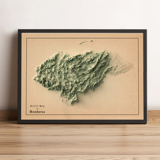 Honduras vintage framed shaded relief map in black frame. Artistic print highlighting mountains with a realistic terrain effect