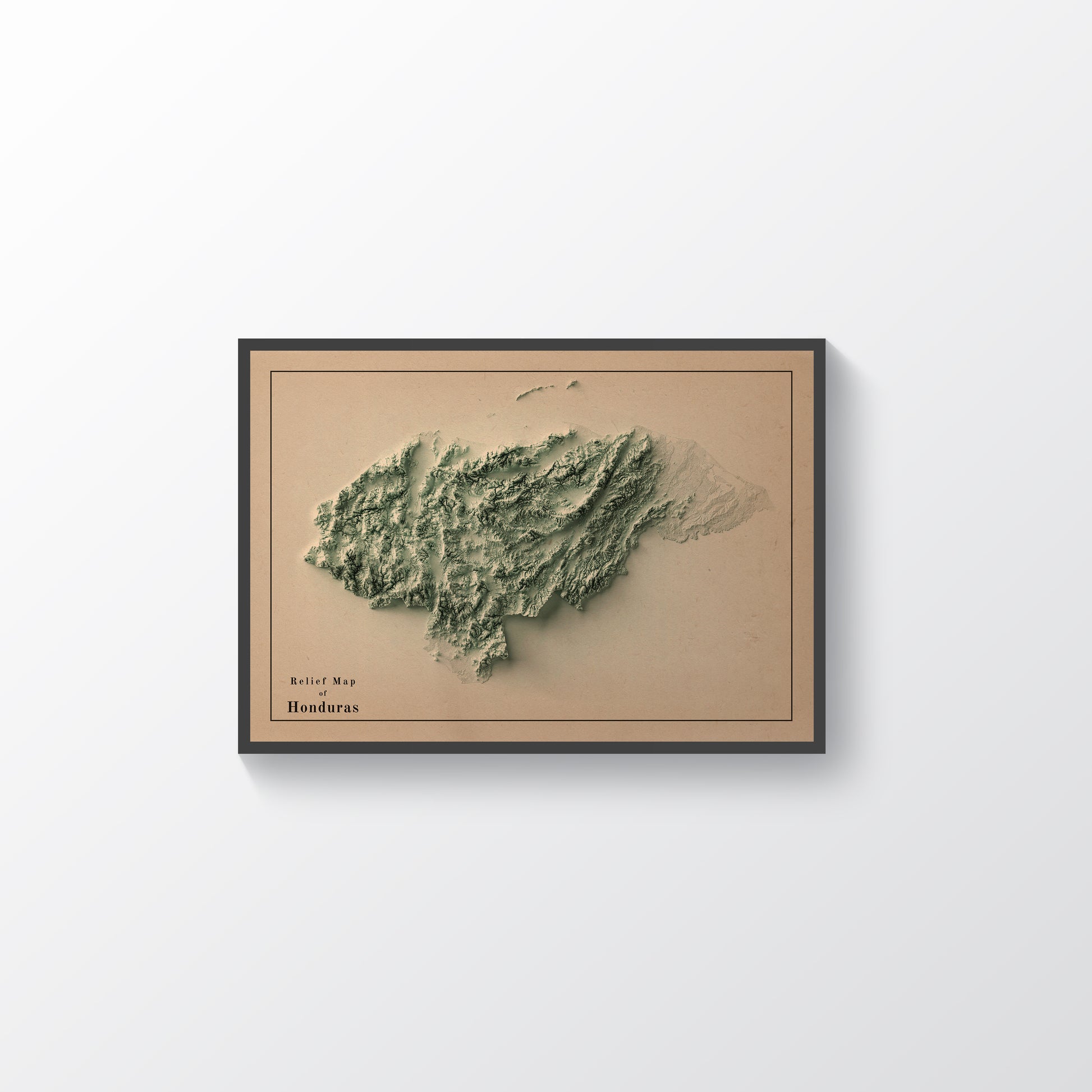 Honduras vintage framed shaded relief map in black frame. Artistic print highlighting mountains with a realistic terrain effect