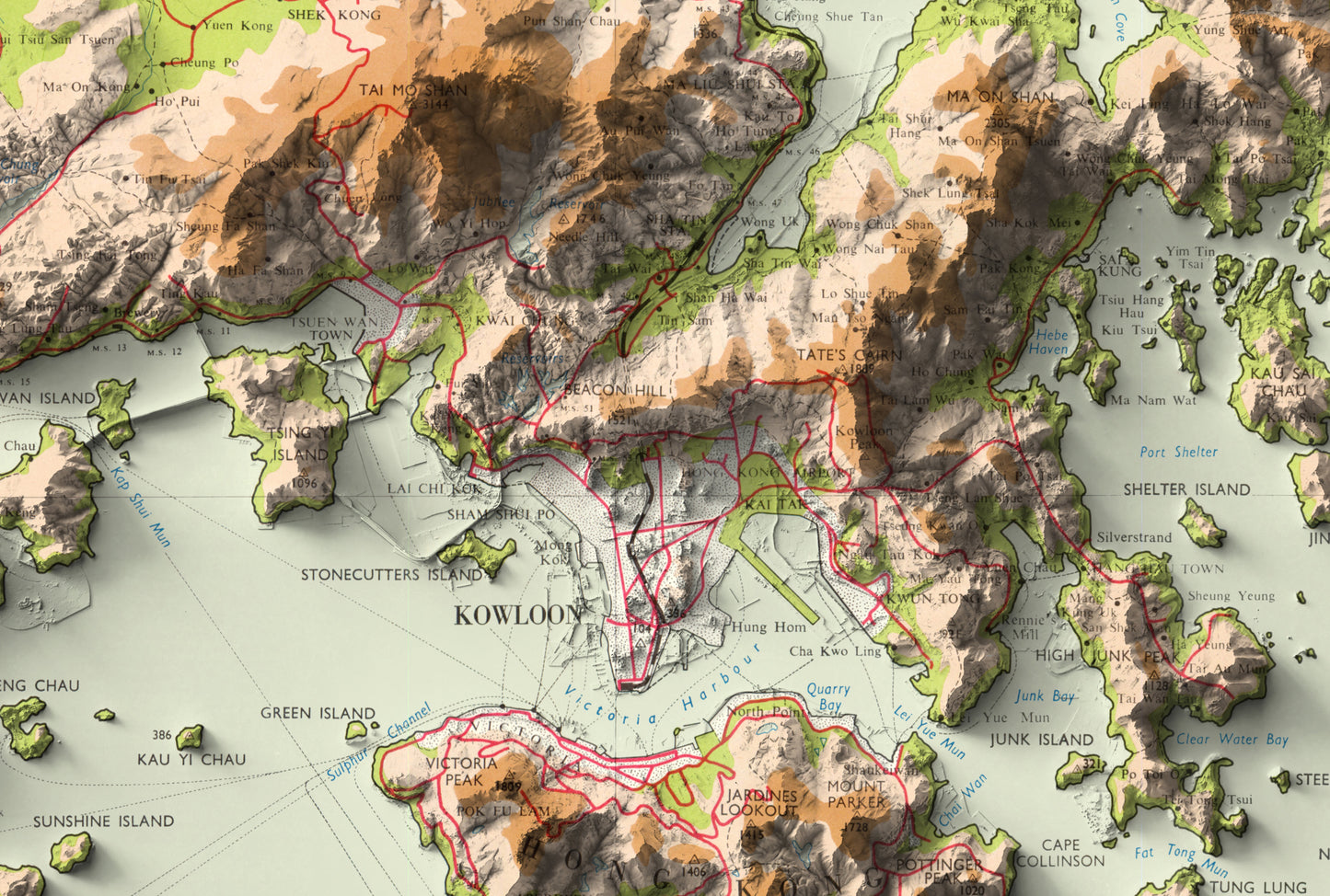Detailed close-up of a vintage Hong Kong relief map, showcasing textured topography and geographic contours