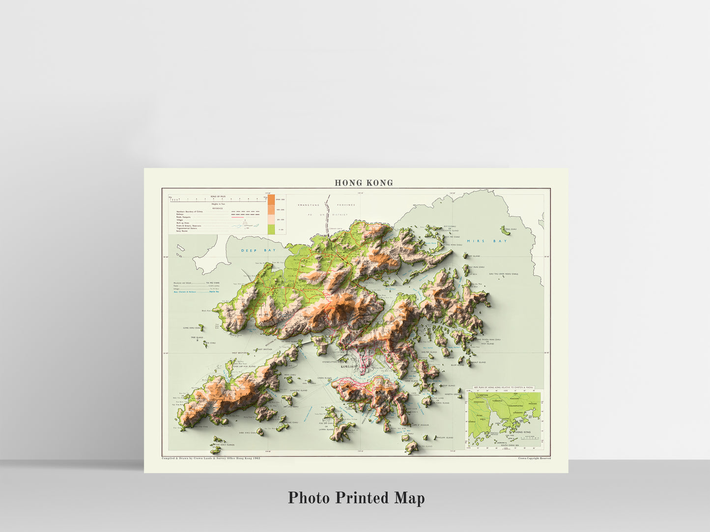 Hong Kong Shaded relief map print, highlighting topography. Ideal for home decor and geography lovers