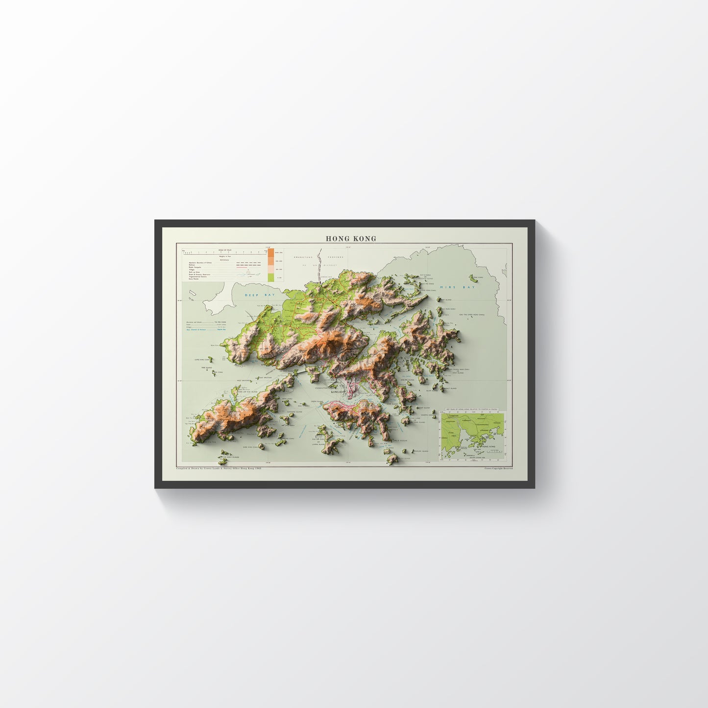 Hong Kong vintage framed shaded relief map in black frame. Artistic print highlighting mountains with a realistic terrain effect