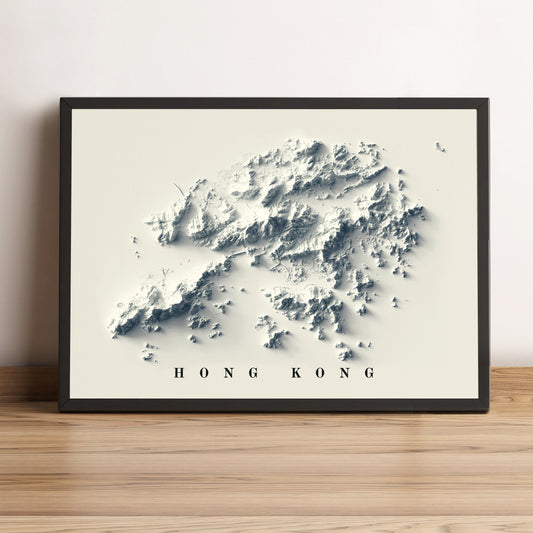 Hong Kong framed shaded relief map in black frame. Artistic print highlighting mountains with a realistic terrain effect