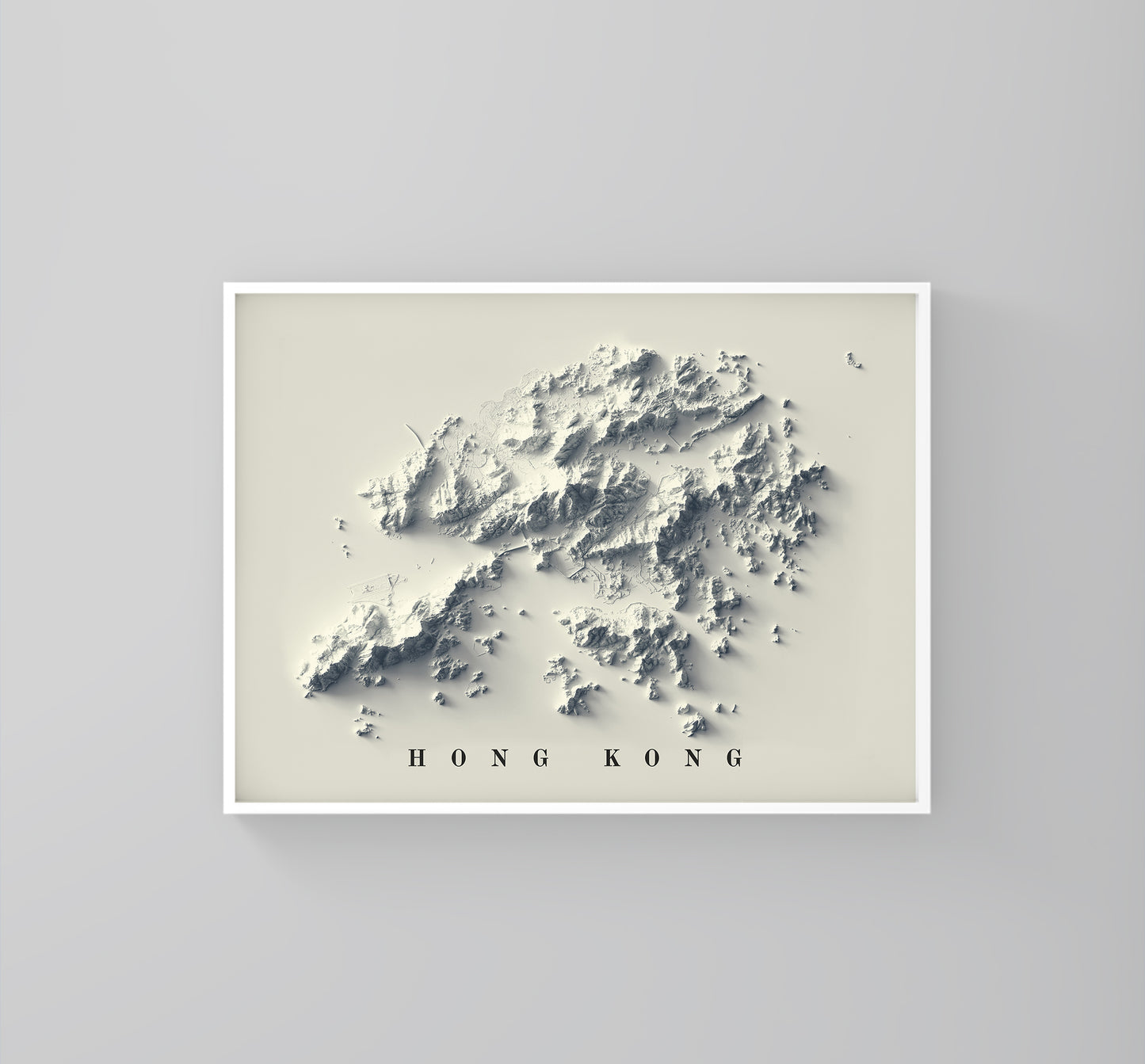 Hong Kong framed shaded relief map in white frame. Artistic print highlighting mountains with a realistic 3d effect