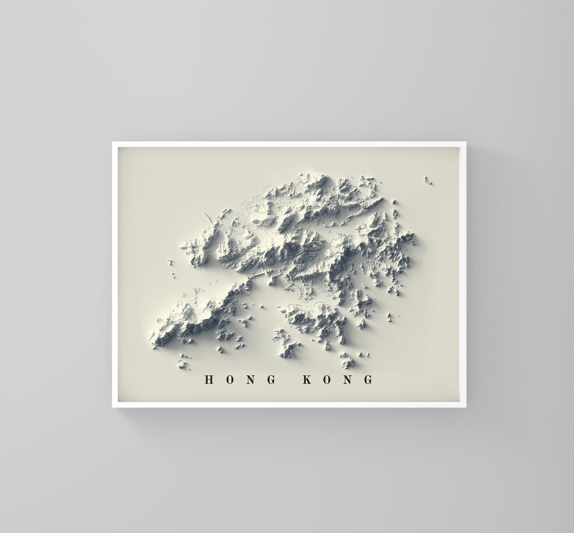 Hong Kong framed shaded relief map in white frame. Artistic print highlighting mountains with a realistic 3d effect