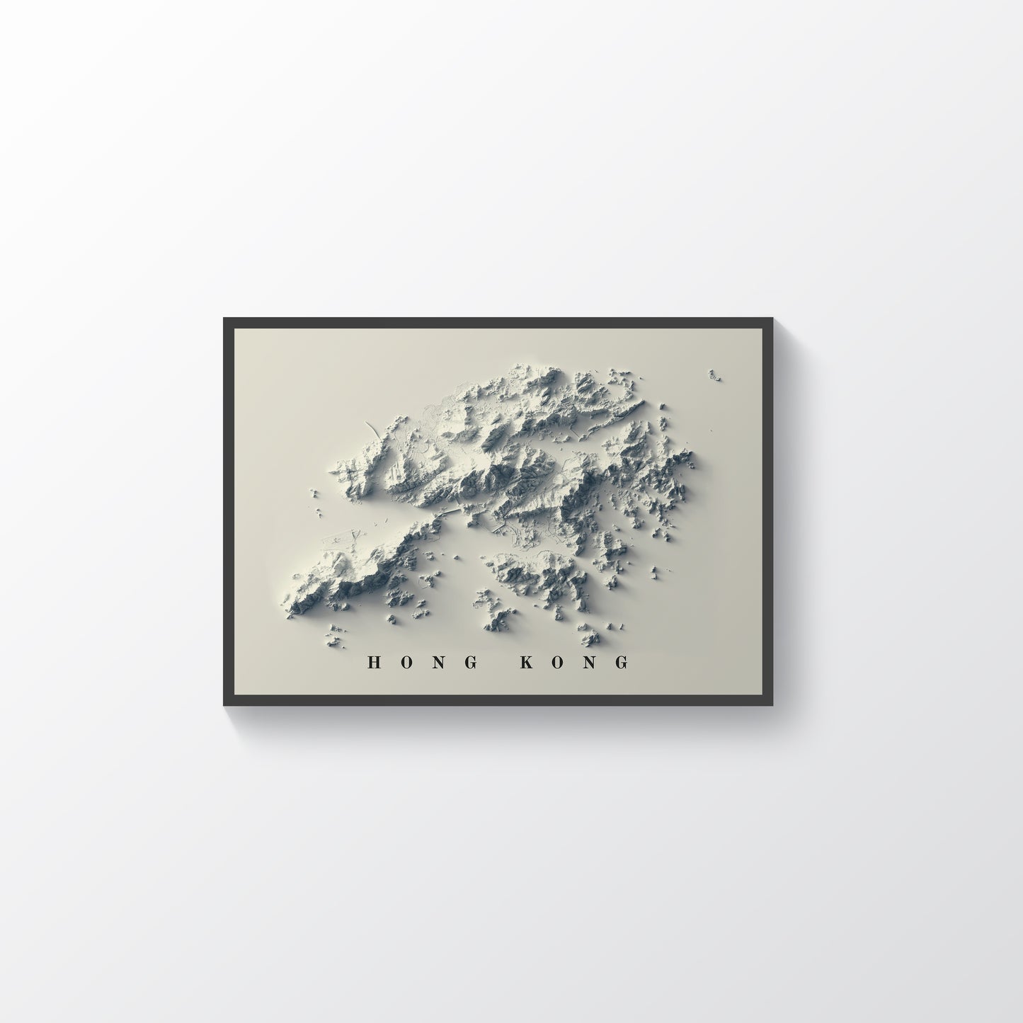 Hong Kong vintage framed shaded relief map in black frame. Artistic print highlighting mountains with a realistic terrain effect