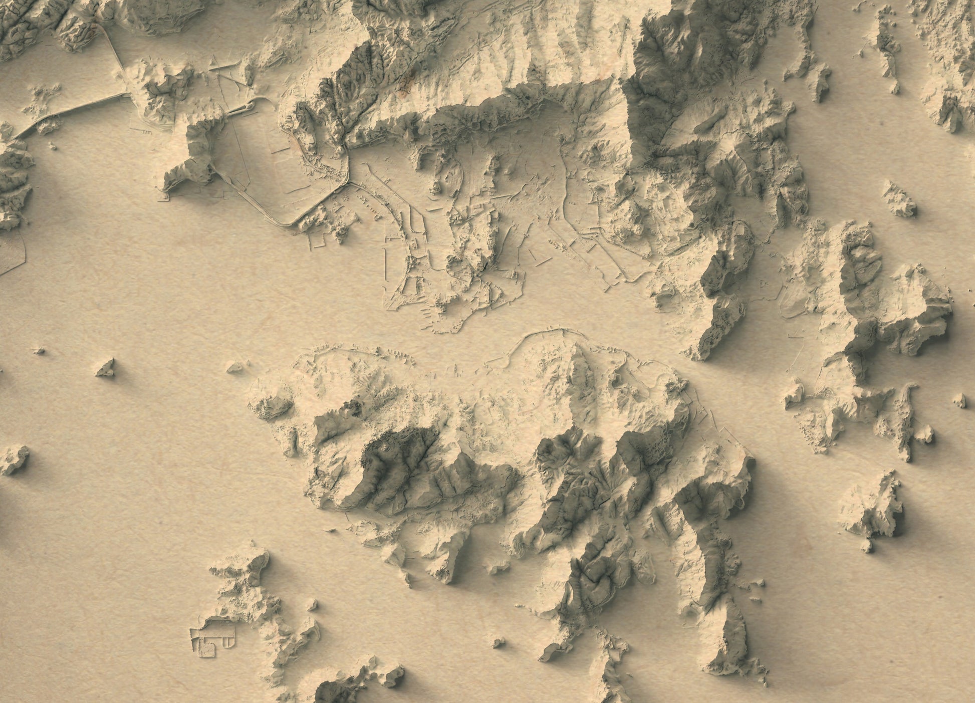 Detailed close-up of a vintage Hong Kong relief map, showcasing textured topography and geographic contours