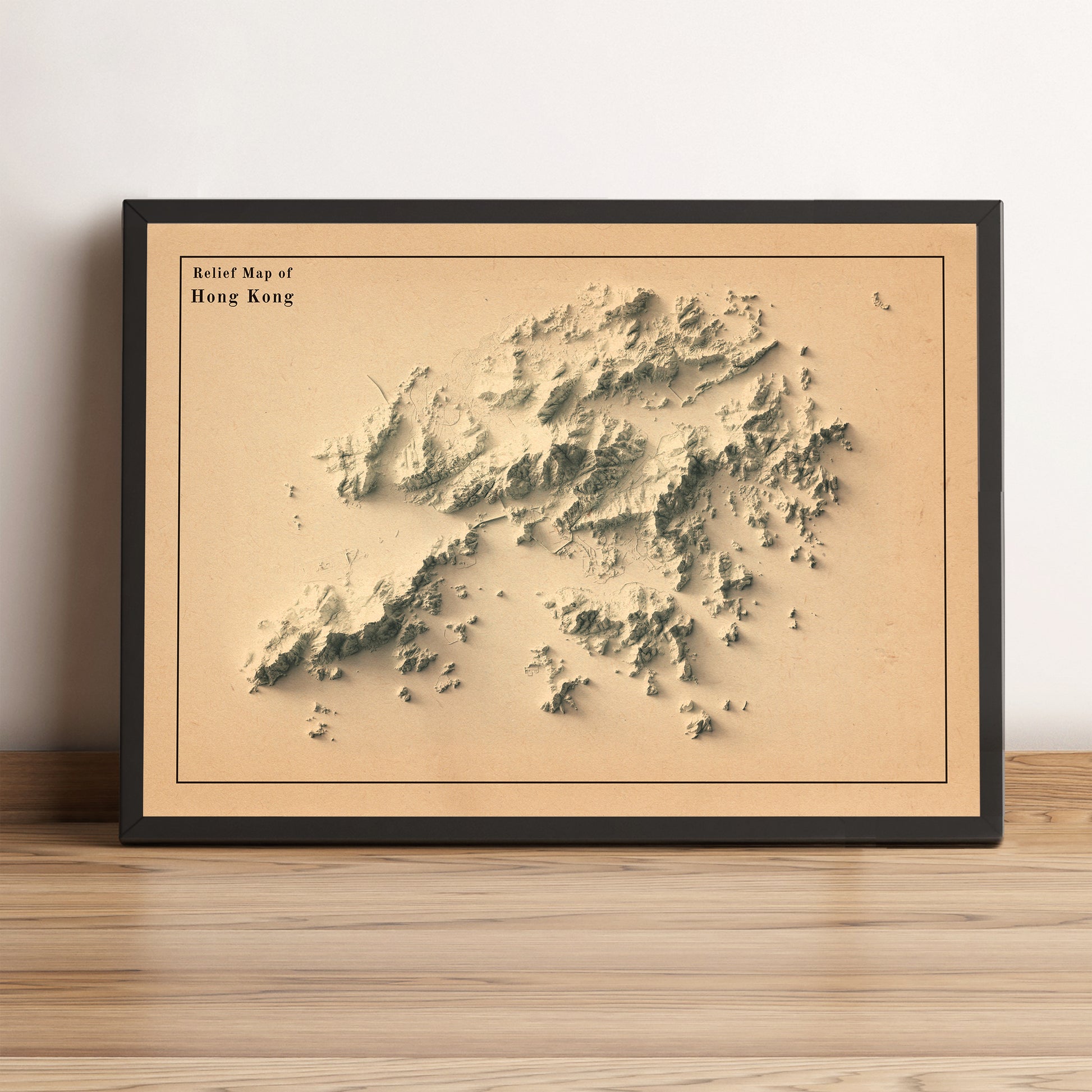 Hong Kong vintage framed shaded relief map in black frame. Artistic print highlighting mountains with a realistic terrain effect