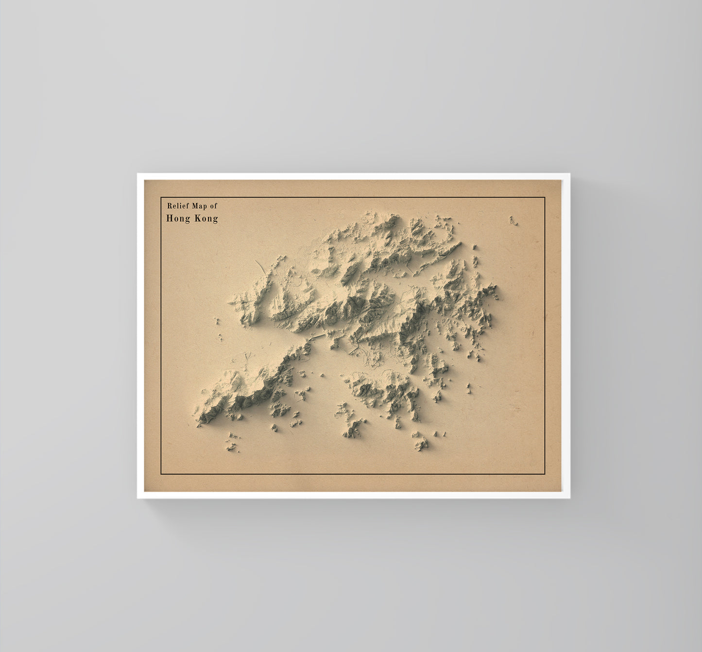 Hong Kong vintage framed shaded relief map in white frame. Artistic print highlighting mountains with a realistic 3d effect