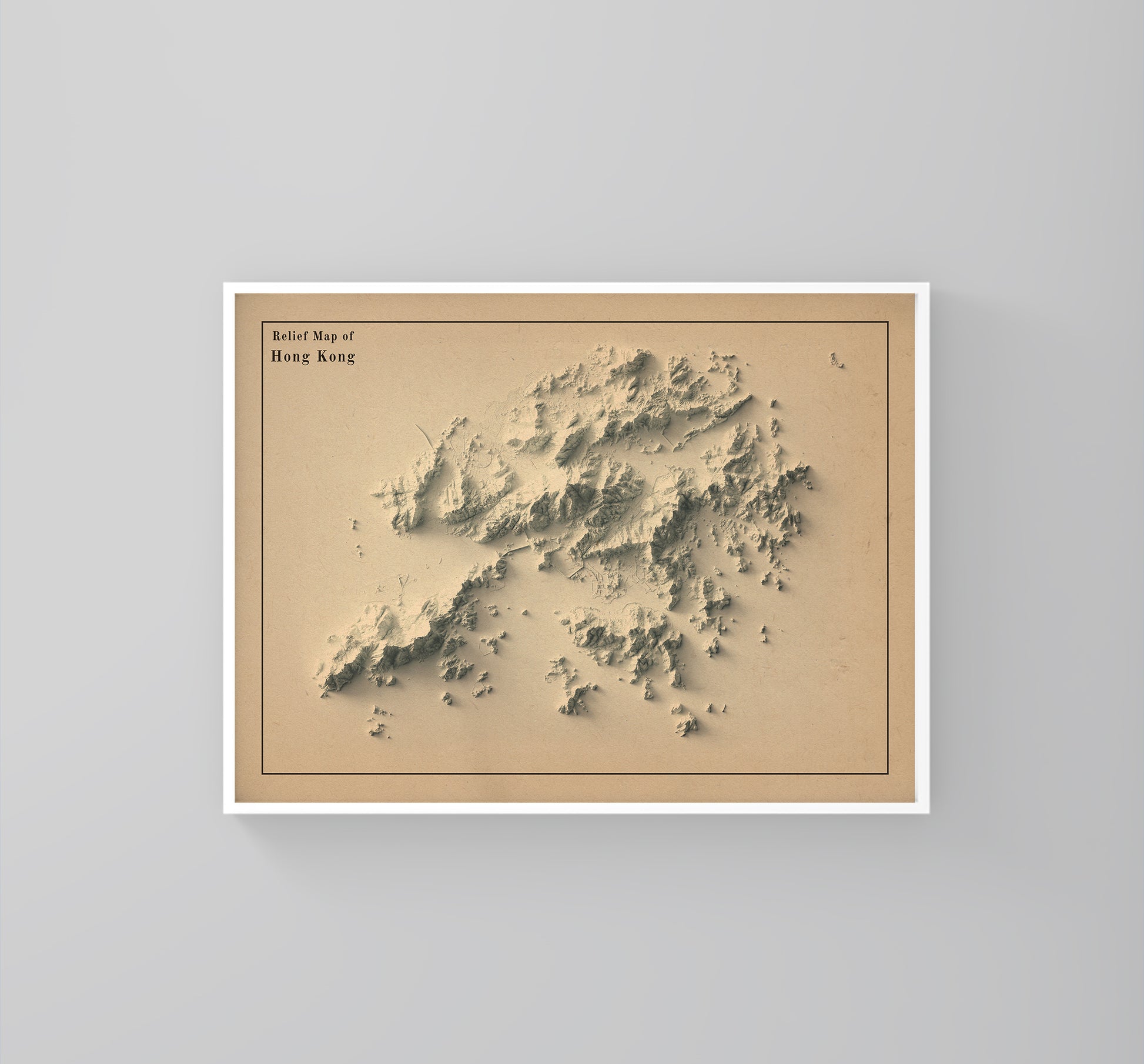 Hong Kong vintage framed shaded relief map in white frame. Artistic print highlighting mountains with a realistic 3d effect