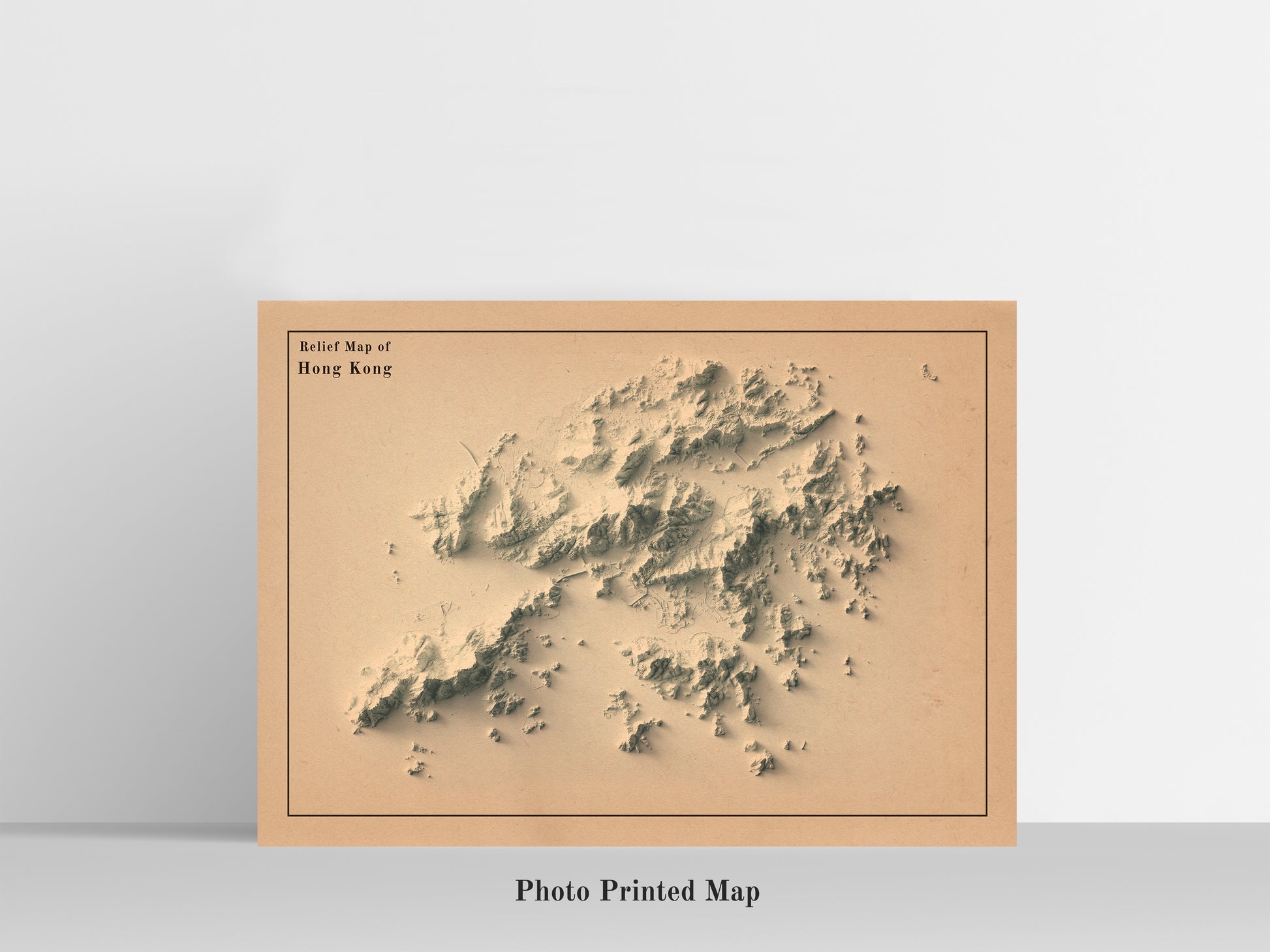 Hong Kong Shaded relief map print, highlighting topography. Ideal for home decor and geography lovers