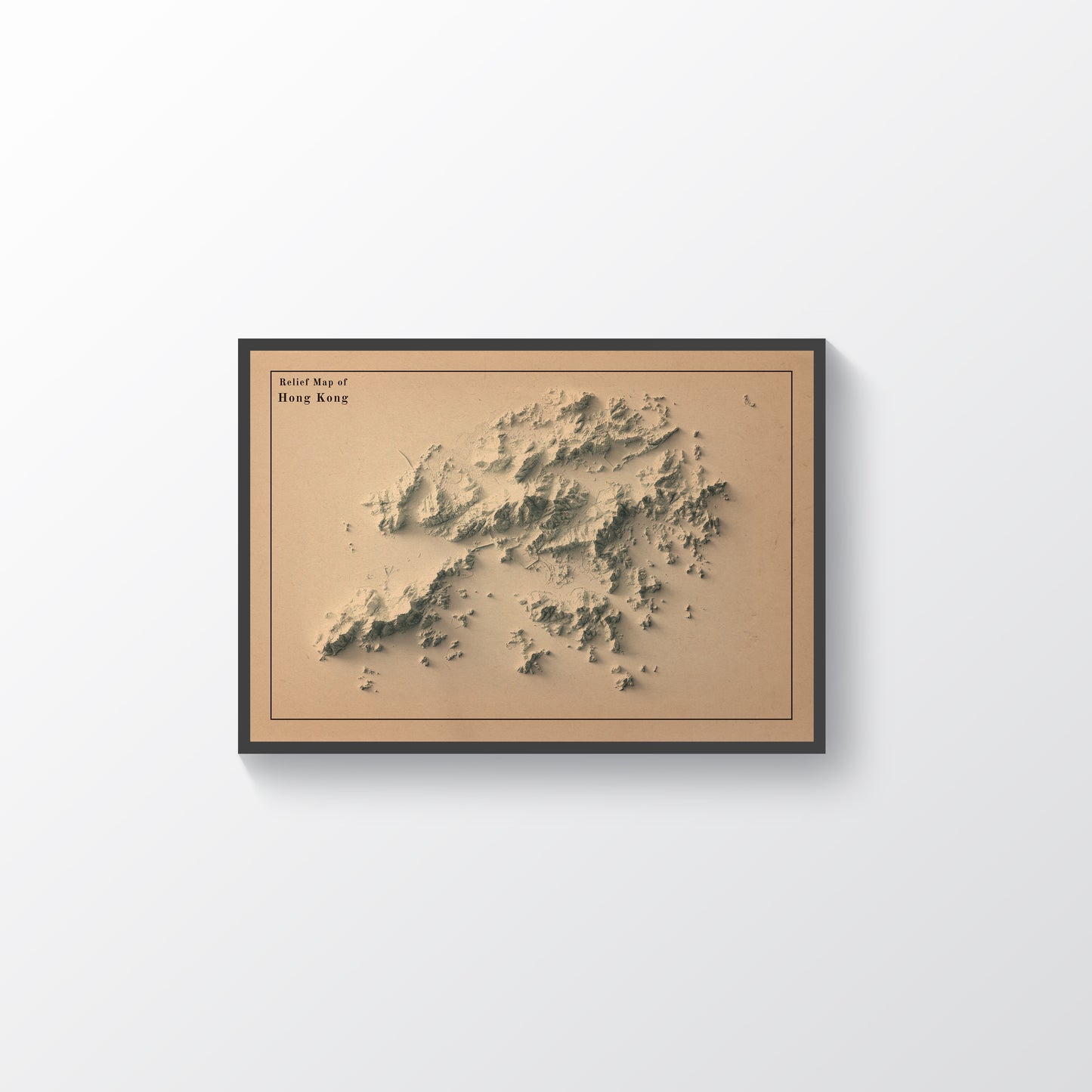 Hong Kong vintage framed shaded relief map in black frame. Artistic print highlighting mountains with a realistic terrain effect