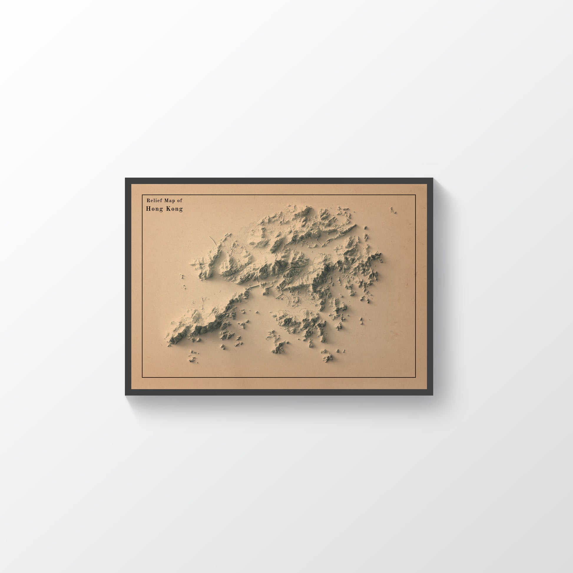 Hong Kong vintage framed shaded relief map in black frame. Artistic print highlighting mountains with a realistic terrain effect