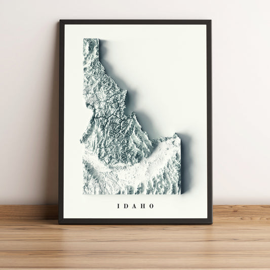 Idaho (USA) framed shaded relief map in black frame. Artistic print highlighting mountains with a realistic terrain effect