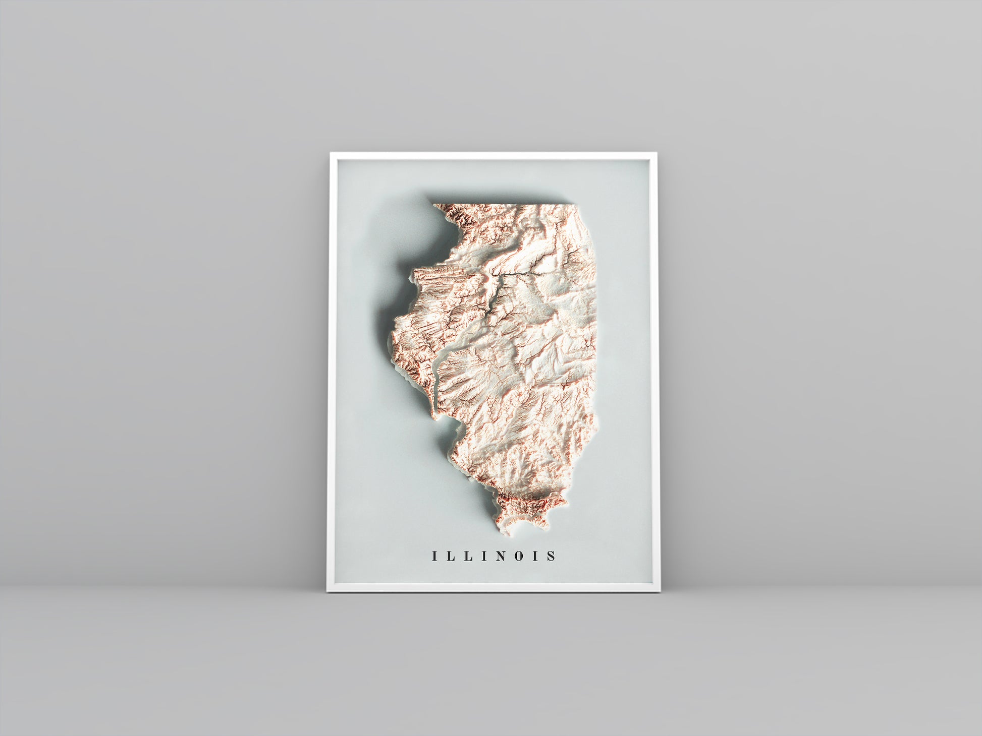 Indiana (USA) framed shaded relief map in white frame. Artistic print highlighting mountains with a realistic 3d effect
