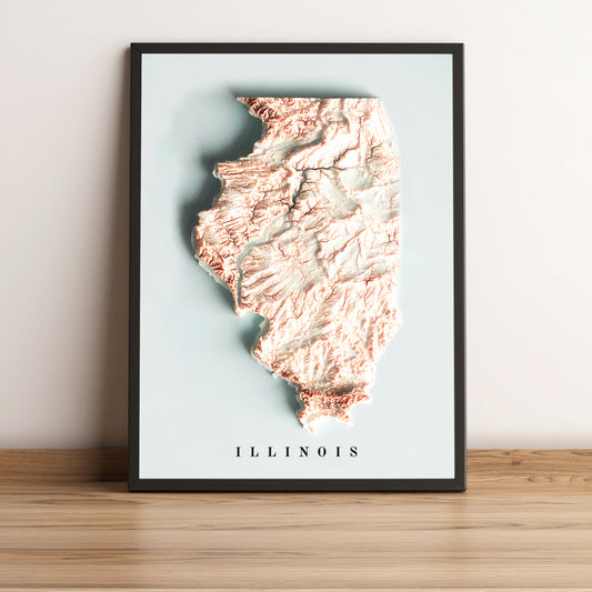 Illinois (USA) vintage framed shaded relief map in black frame. Artistic print highlighting mountains with a realistic terrain effect