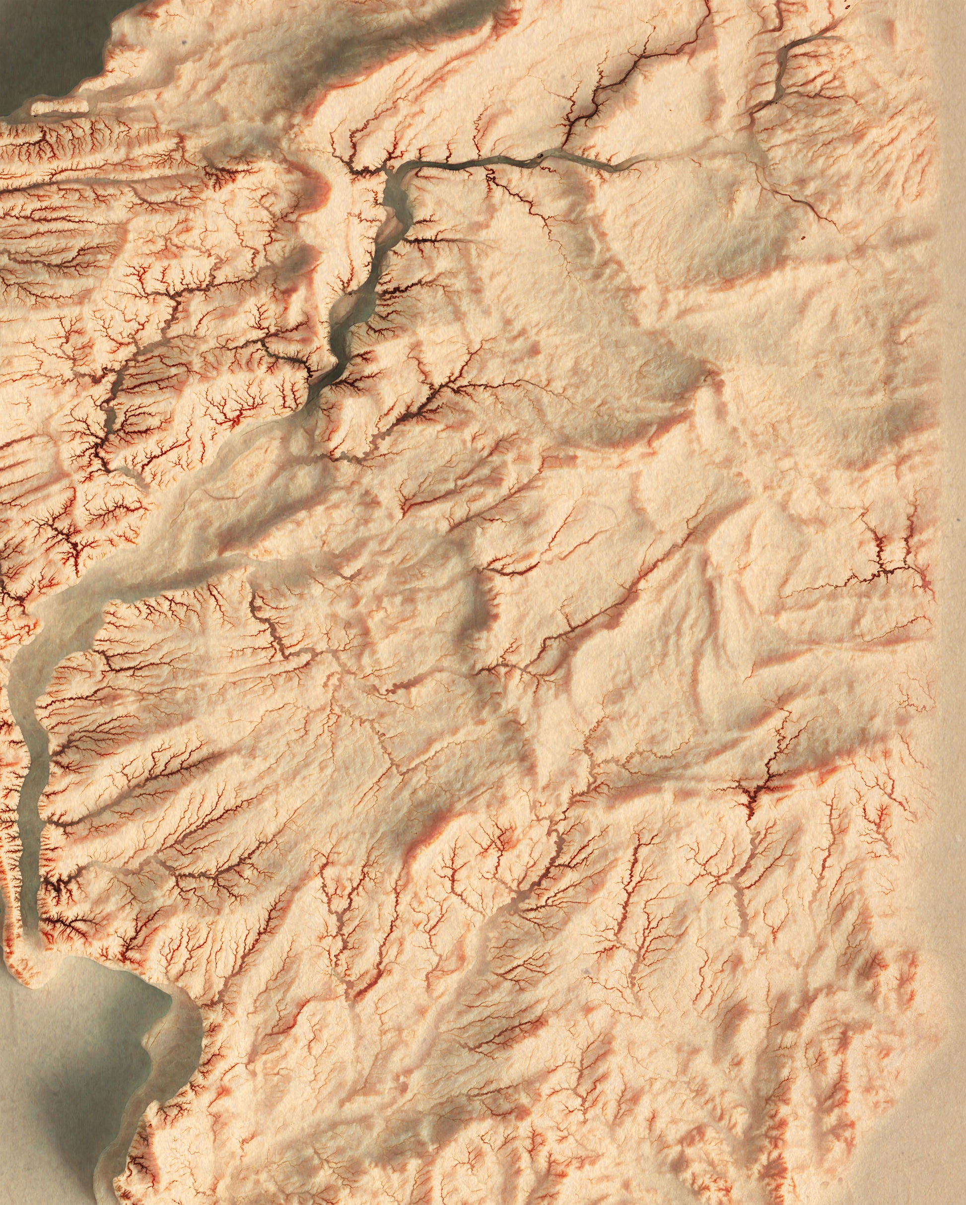 Detailed close-up of a vintage Illinois (USA) relief map, showcasing textured topography and geographic contours