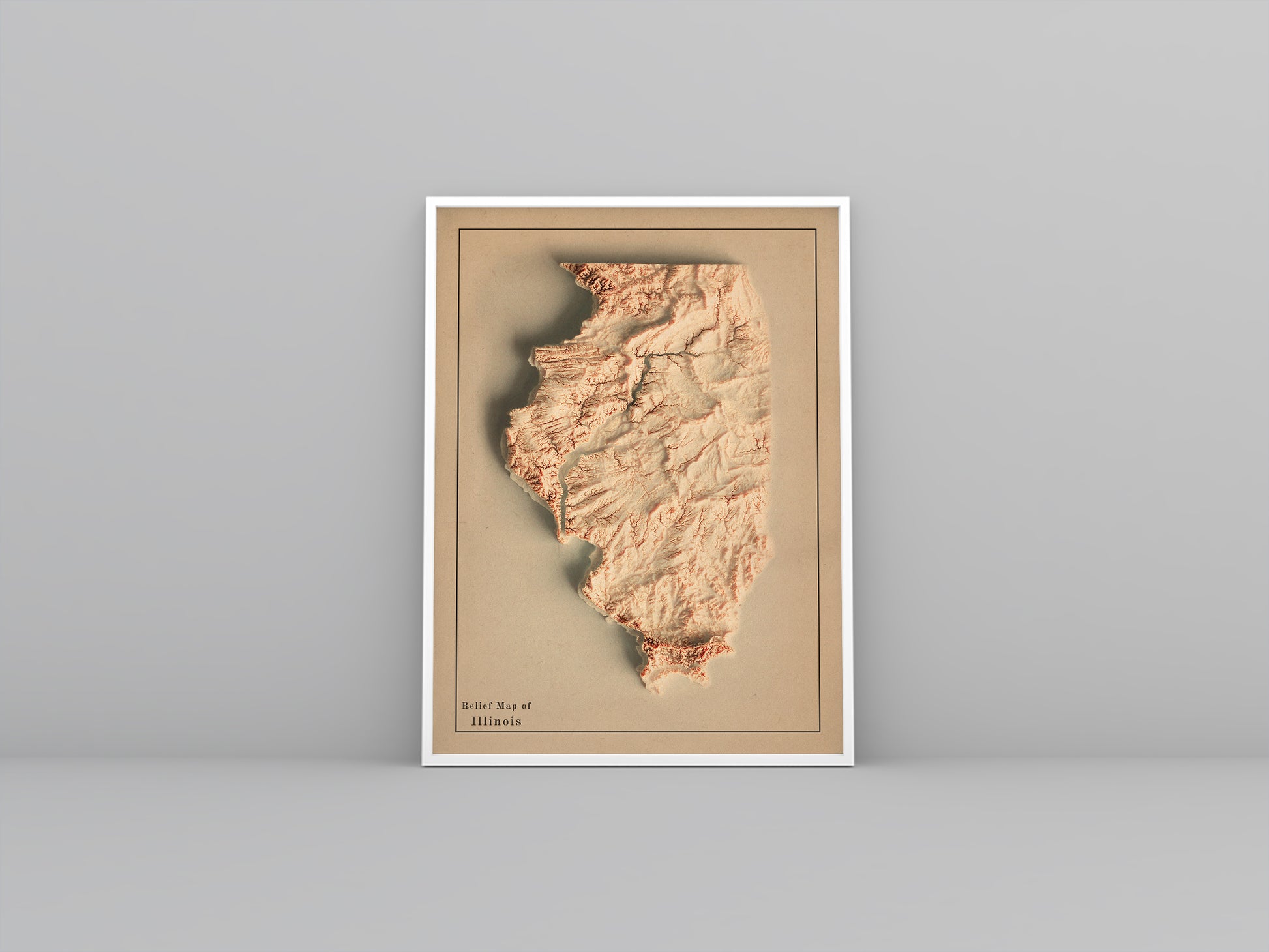 Idaho (USA) vintage framed shaded relief map in white frame. Artistic print highlighting mountains with a realistic 3d effect