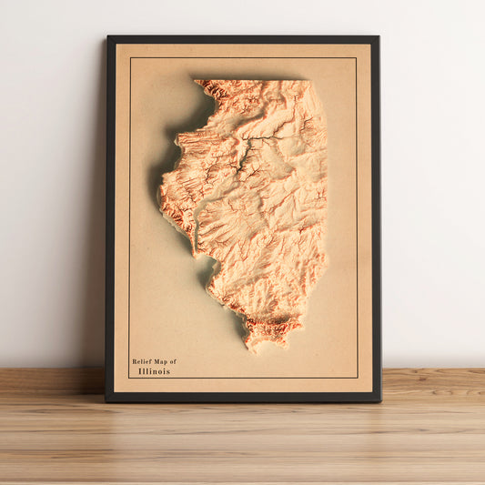 Illinois (USA) vintage framed shaded relief map in black frame. Artistic print highlighting mountains with a realistic terrain effect