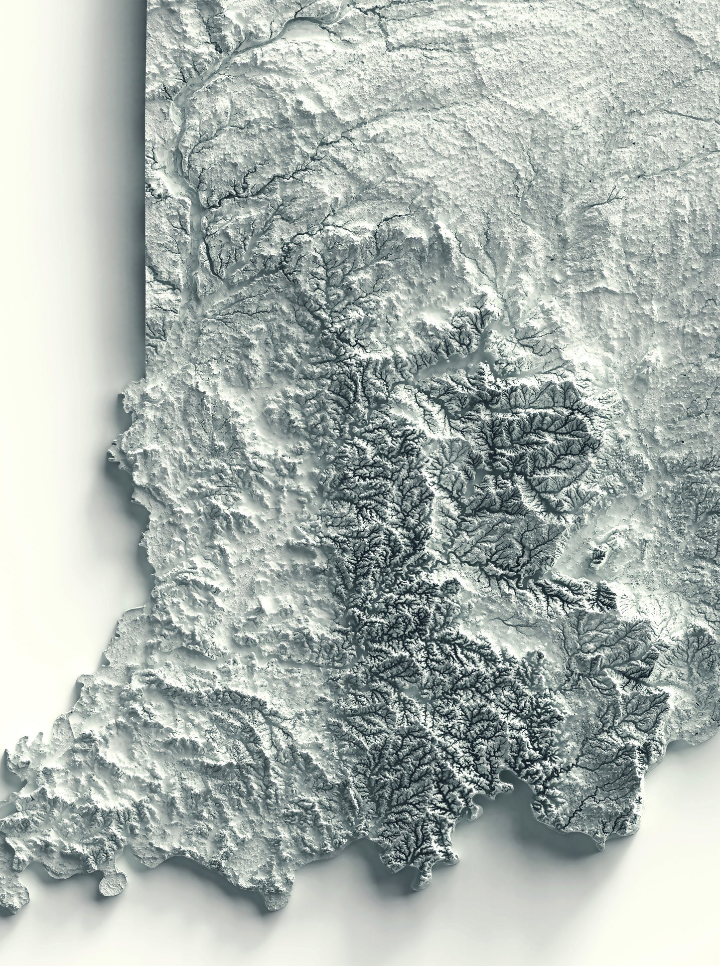 Detailed close-up of a Indiana (USA) relief map, showcasing textured topography and geographic contours