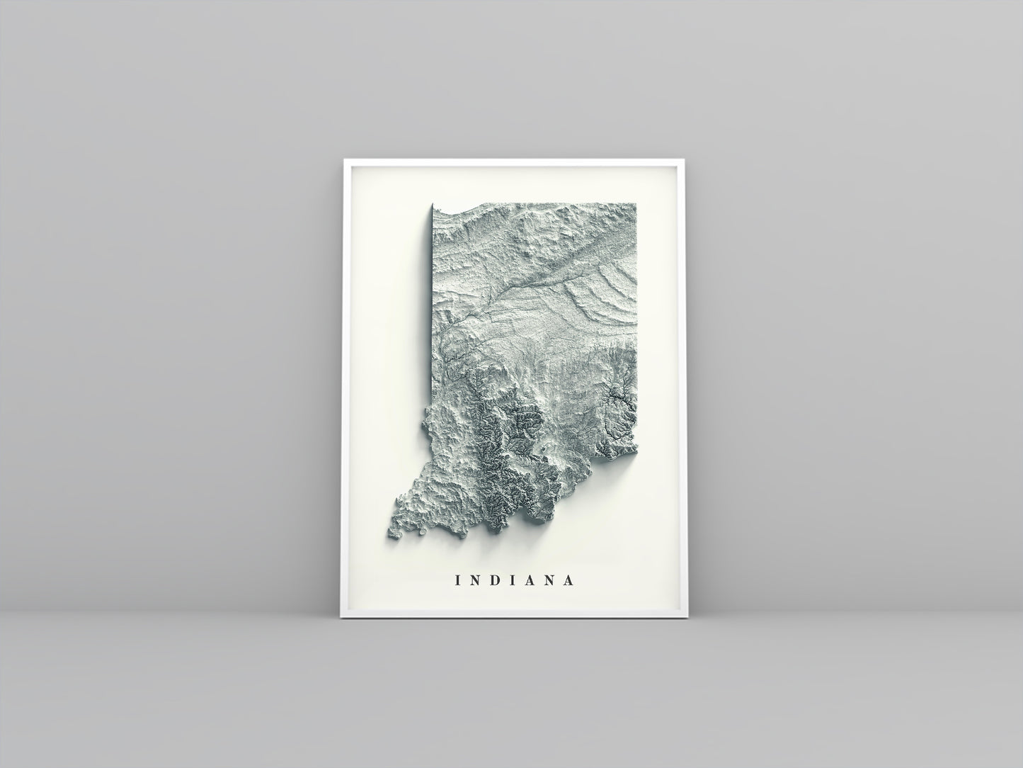 Indiana (USA) framed shaded relief map in white frame. Artistic print highlighting mountains with a realistic 3d effect