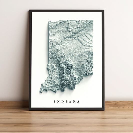 Indiana (USA) framed shaded relief map in black frame. Artistic print highlighting mountains with a realistic terrain effect