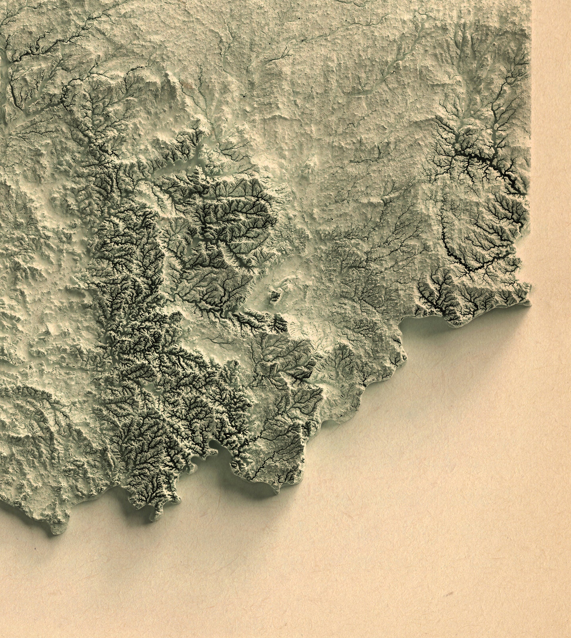 Detailed close-up of a vintage Indiana (USA) relief map, showcasing textured topography and geographic contours