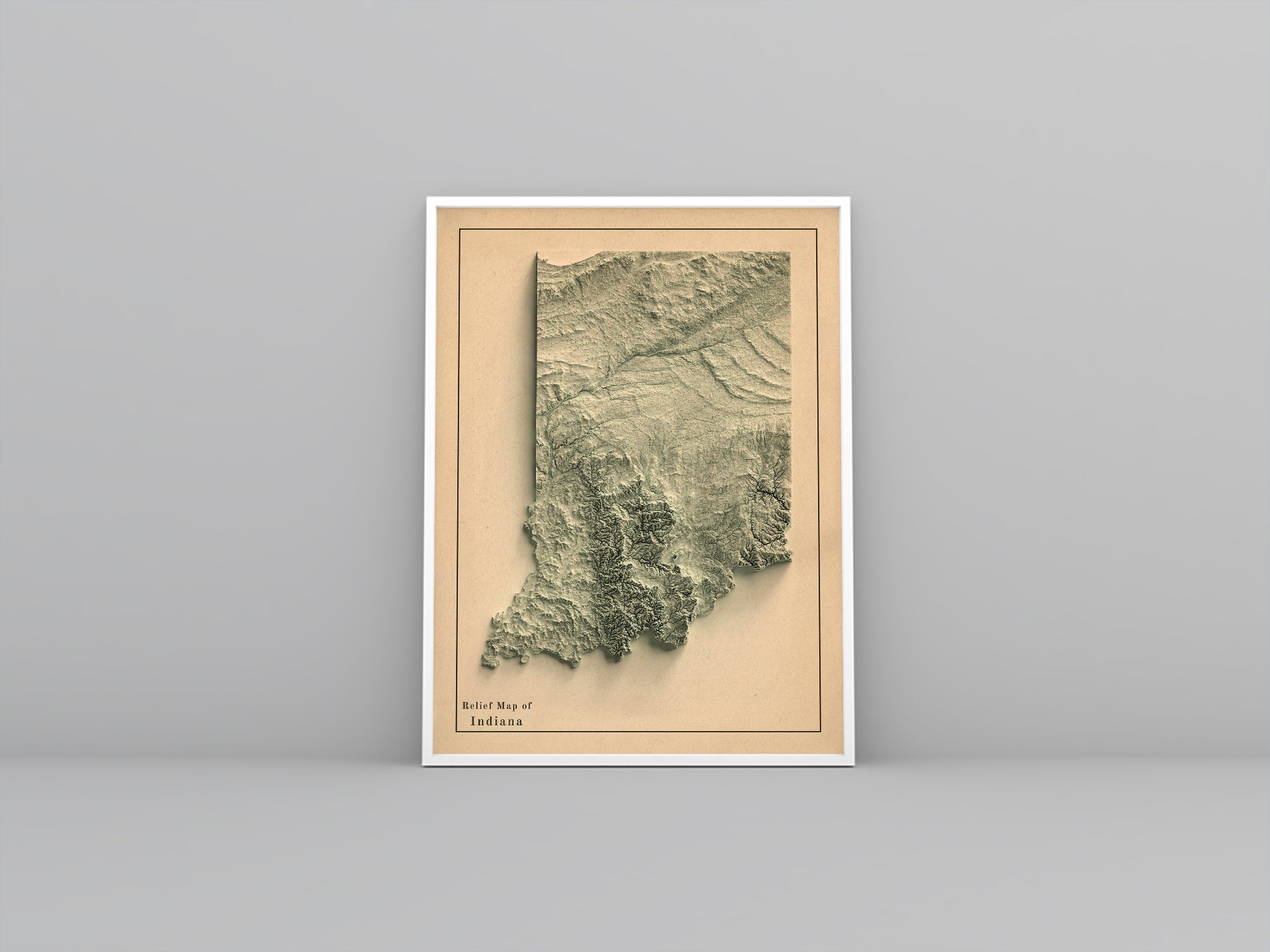 Indiana (USA) vintage framed shaded relief map in white frame. Artistic print highlighting mountains with a realistic 3d effect