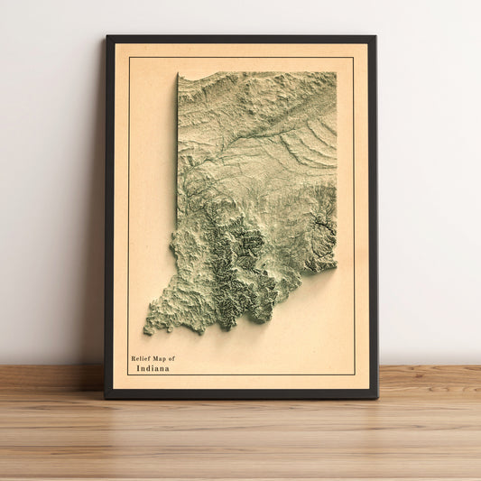 Indiana (USA) vintage framed shaded relief map in black frame. Artistic print highlighting mountains with a realistic terrain effect