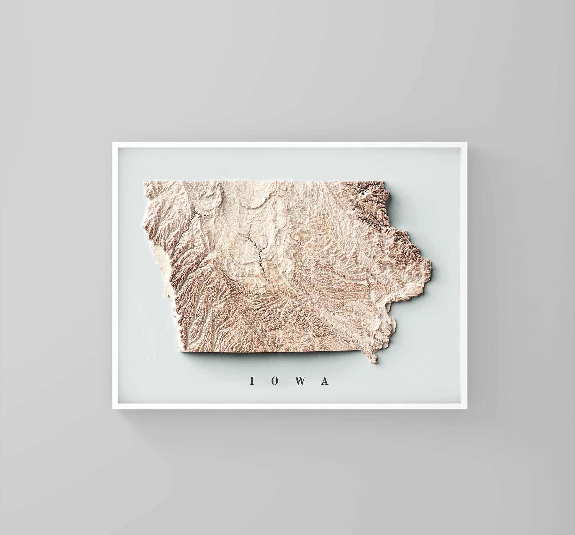 Iowa (USA) framed shaded relief map in white frame. Artistic print highlighting mountains with a realistic 3d effect