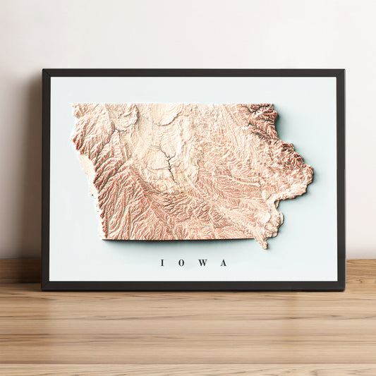 Iowa (USA) framed shaded relief map in black frame. Artistic print highlighting mountains with a realistic terrain effect