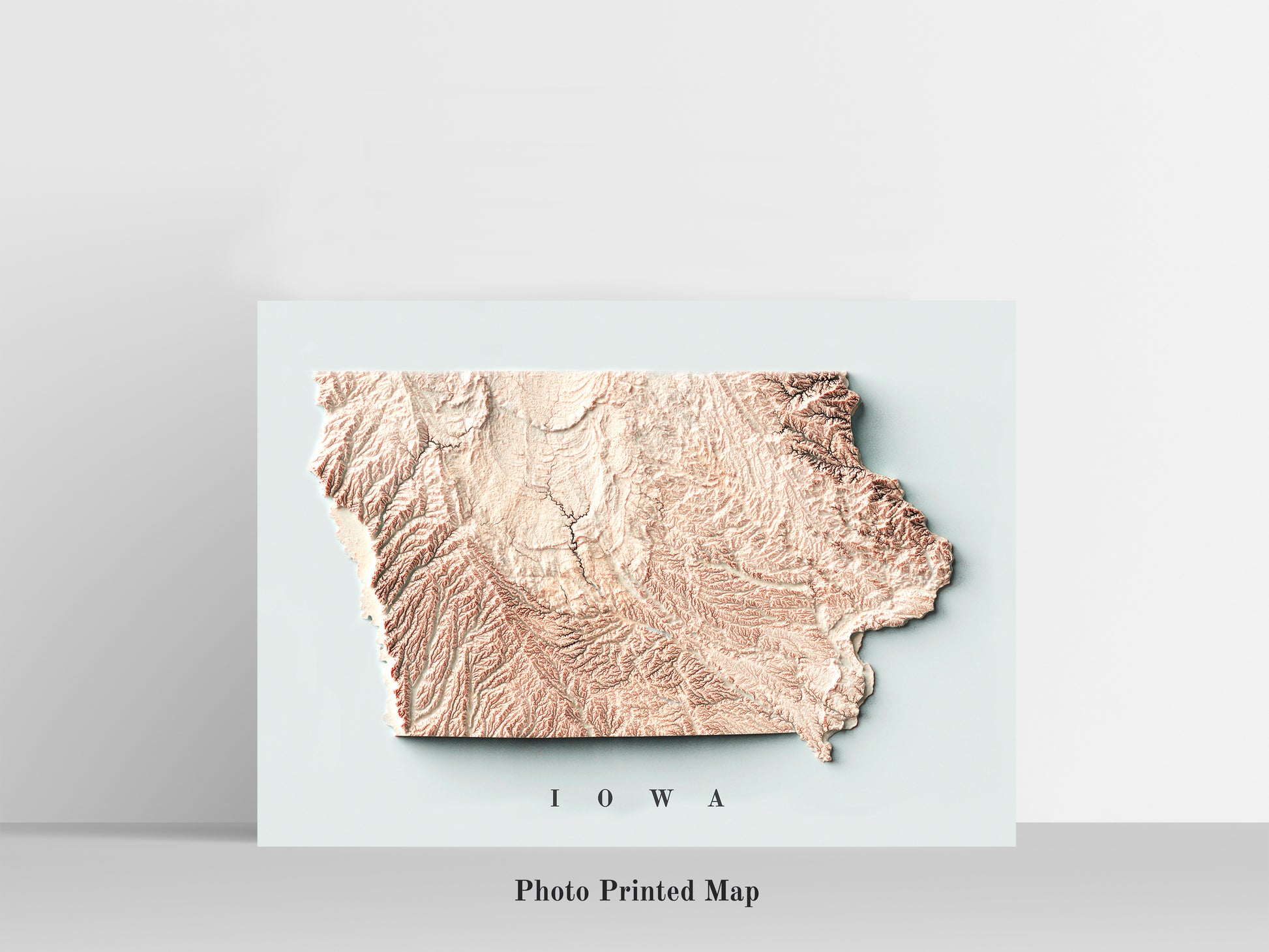 Iowa (USA) Shaded relief map print, highlighting topography. Ideal for home decor and geography lovers