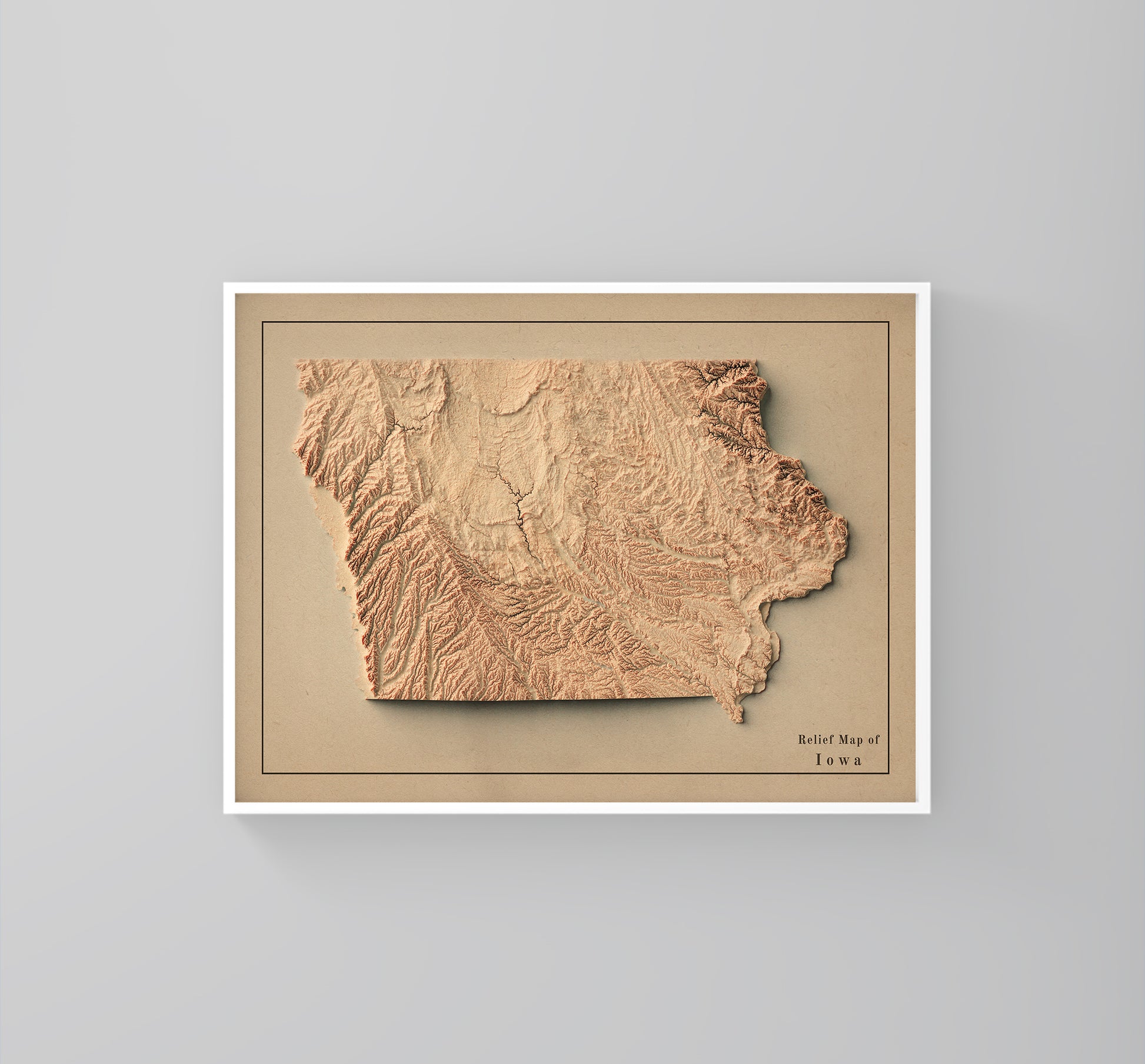 Iowa (USA) vintage framed shaded relief map in white frame. Artistic print highlighting mountains with a realistic 3d effect