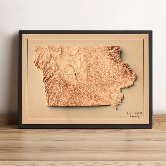 Iowa (USA) vintage framed shaded relief map in black frame. Artistic print highlighting mountains with a realistic terrain effect