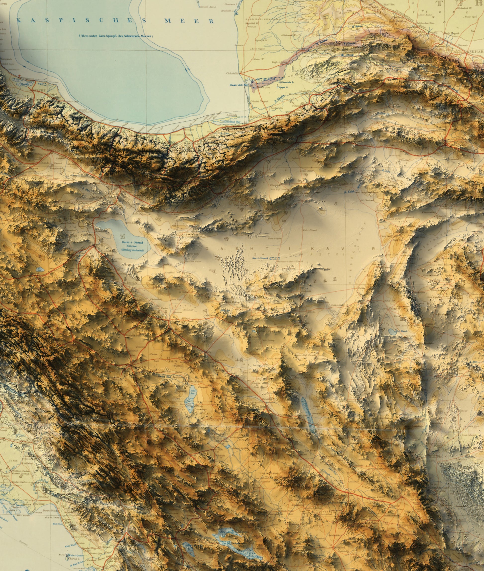 Detailed close-up of a vintage Iran relief map, showcasing textured topography and geographic contours