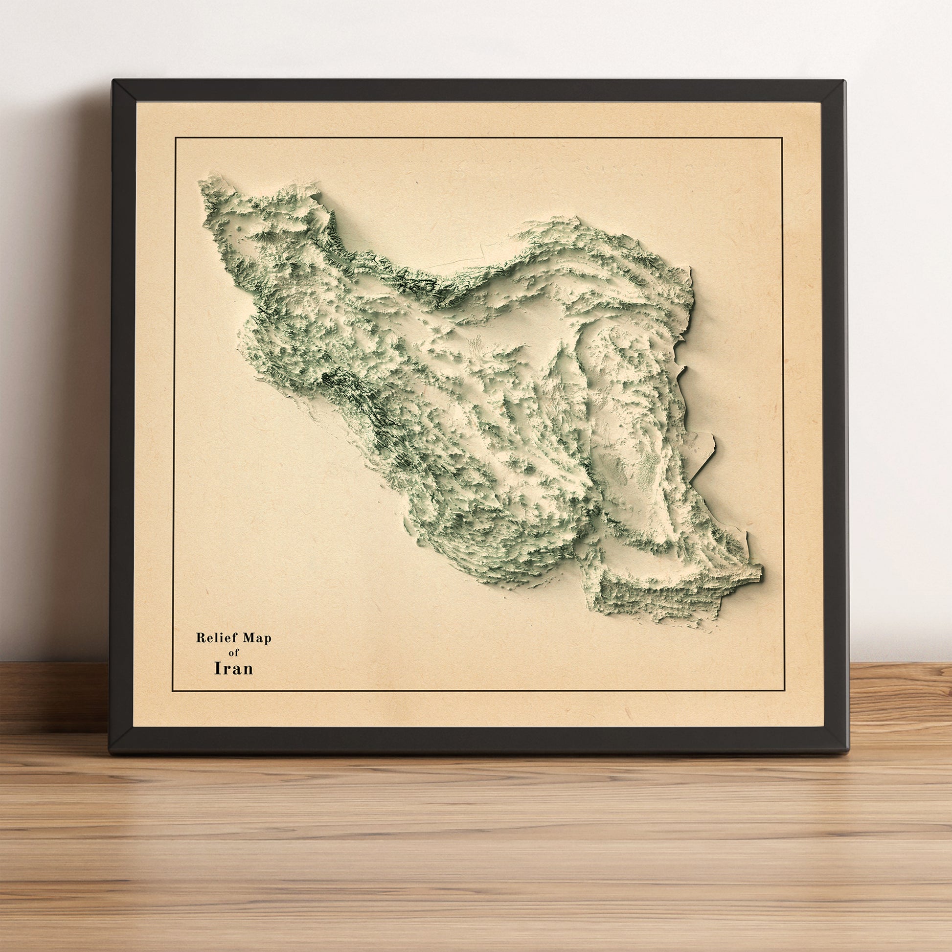 Iran vintage framed shaded relief map in black frame. Artistic print highlighting mountains with a realistic terrain effect