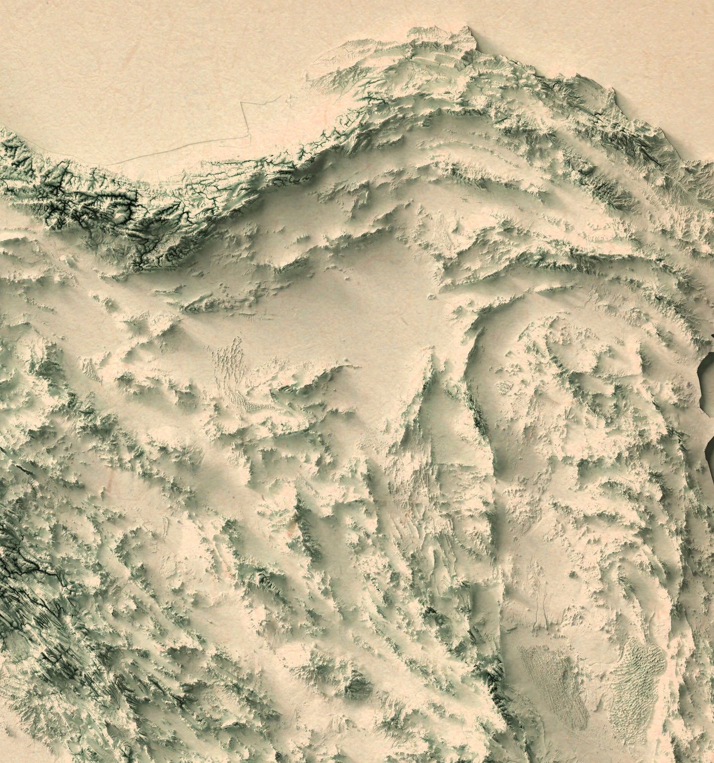 Detailed close-up of a vintage Iran relief map, showcasing textured topography and geographic contours