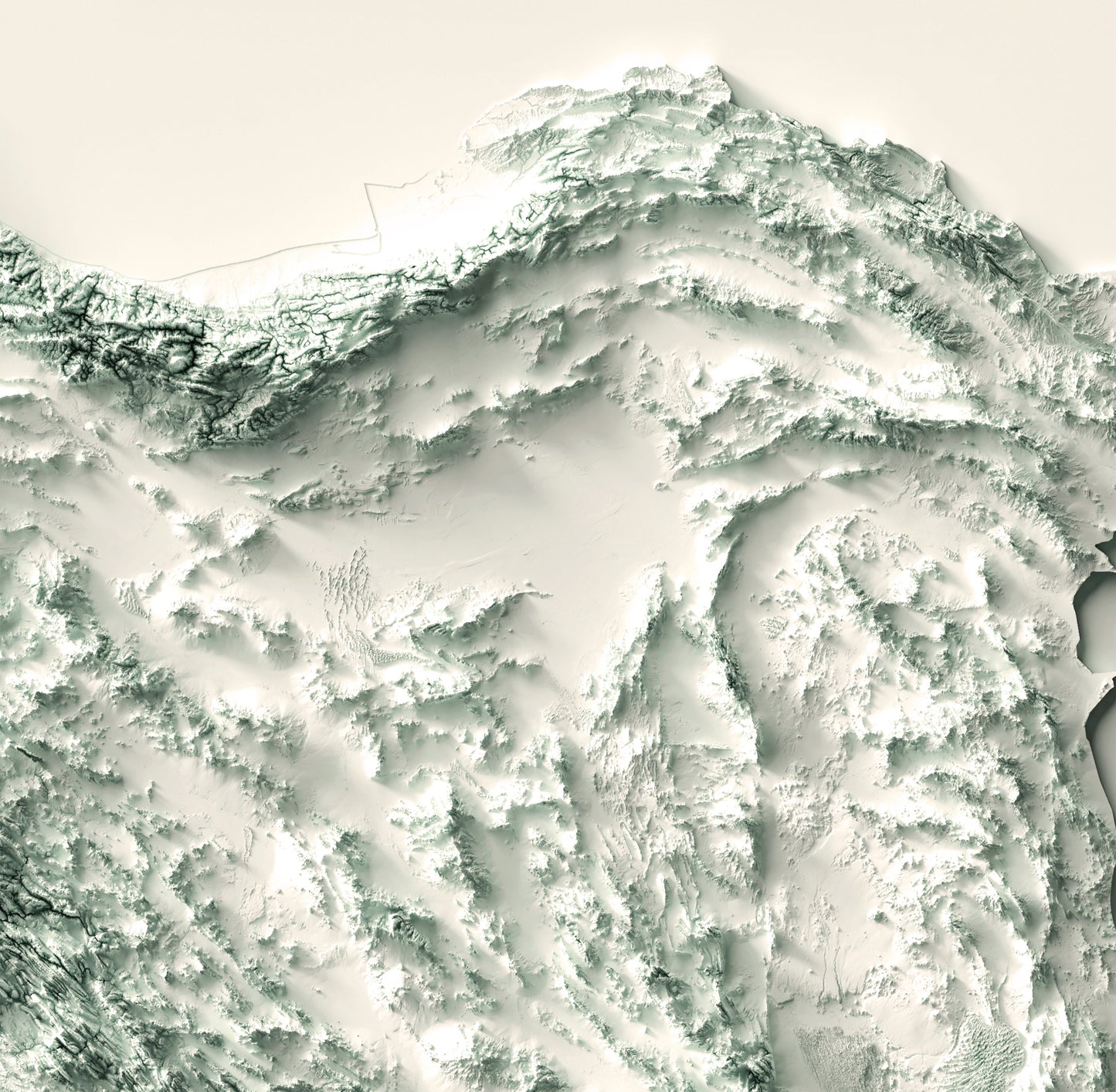 Detailed close-up of a Iran relief map, showcasing textured topography and geographic contours