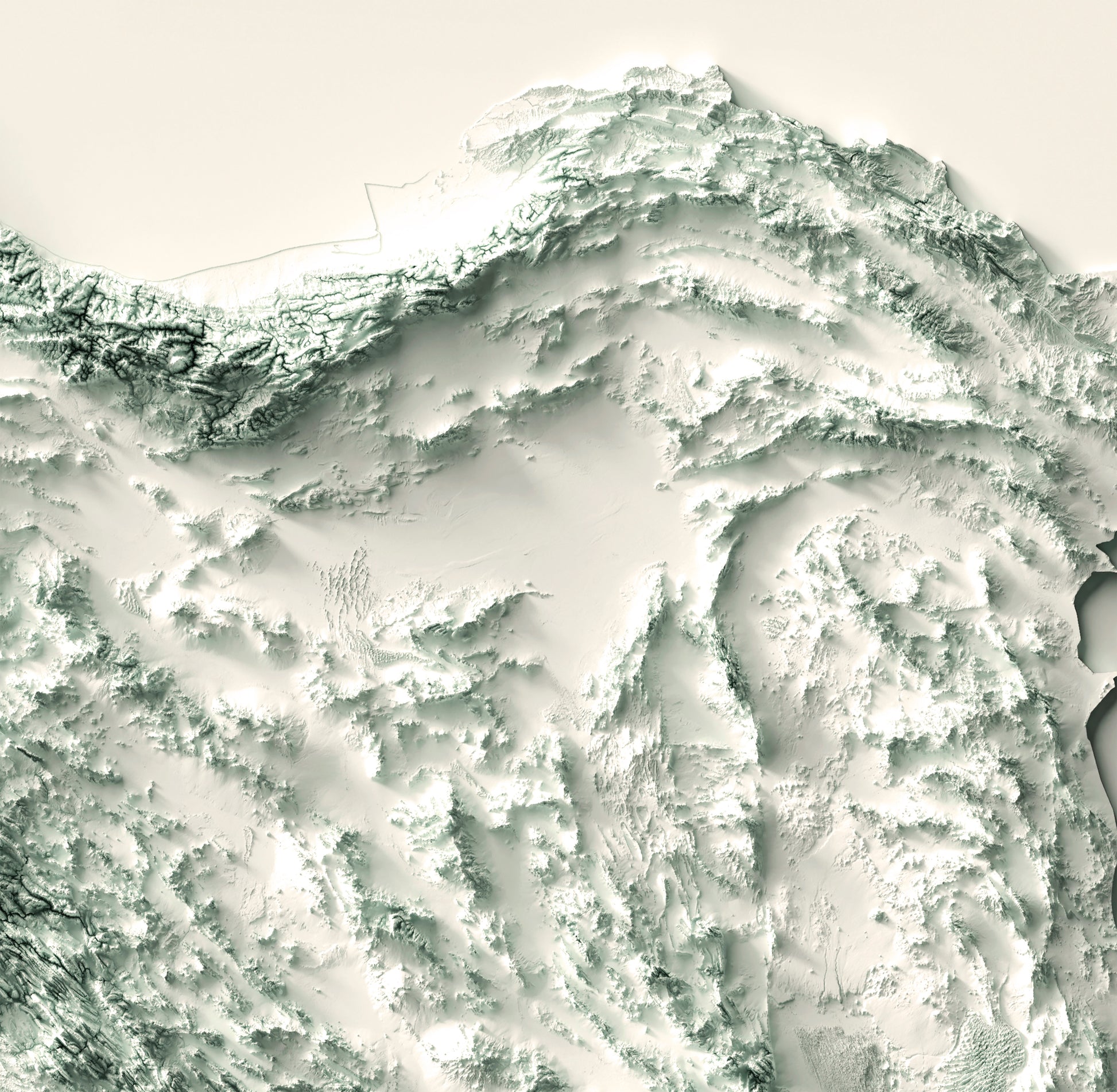 Detailed close-up of a Iran relief map, showcasing textured topography and geographic contours