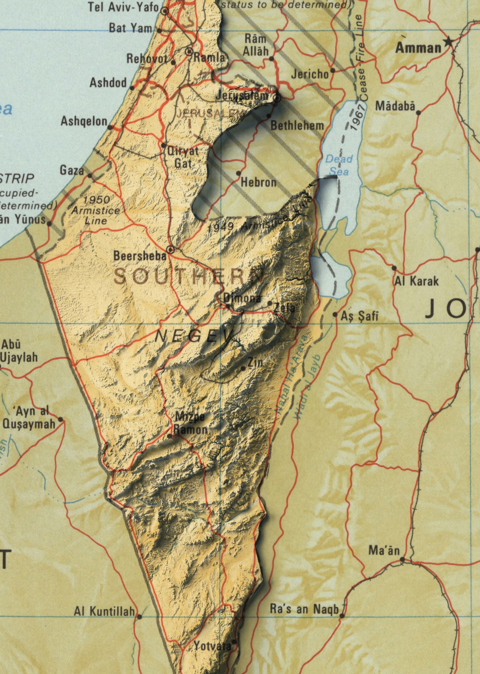 Detailed close-up of a vintage Israel relief map, showcasing textured topography and geographic contours