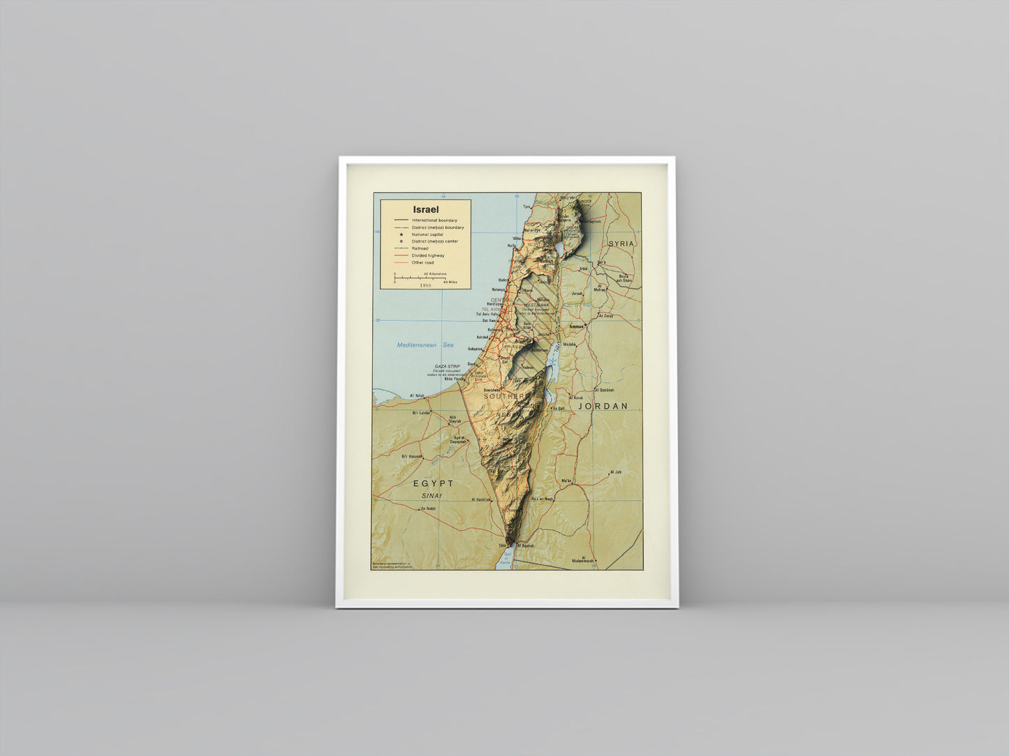 Israel vintage framed shaded relief map in white frame. Artistic print highlighting mountains with a realistic 3d effect